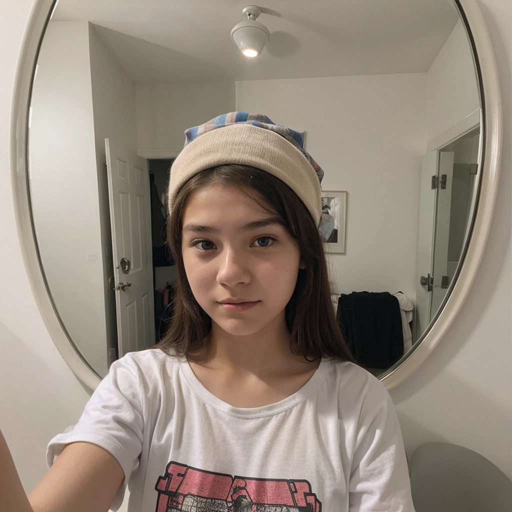 girl takes a photo of herself in the mirror with clothes on and only her head is visible