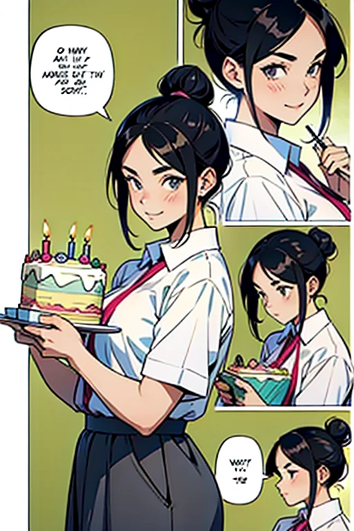 Girl with black hair in bun carrying a birthday cake manga page with panels and dialogue 