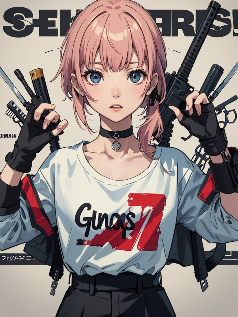 (Better Quality, masterpiece:1.2) | Fine grain:1.2 1 Female ,Punkish (Dynamic English, throw, face, Long Hair,gun shop) choker, shirt, Holding a sword, オープンスウェットshirt, finely, masterpiece