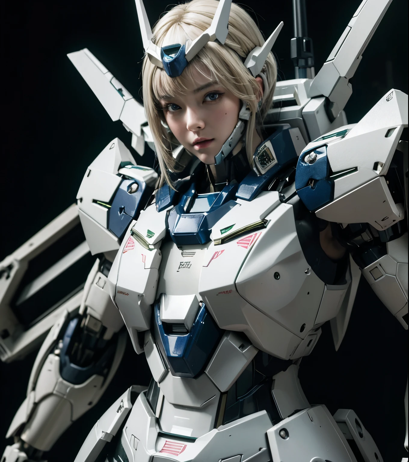 Textured skin, Super Detail, high details, High quality, Best Quality, hight resolution, 1080p, hard disk, Beautiful,(Gundam),beautiful cyborg woman,Mecha Cyborg Girl,Battle Mode,Girl with a Mecha Body,She wears a futuristic Gundam mecha,Fulll body Shot
