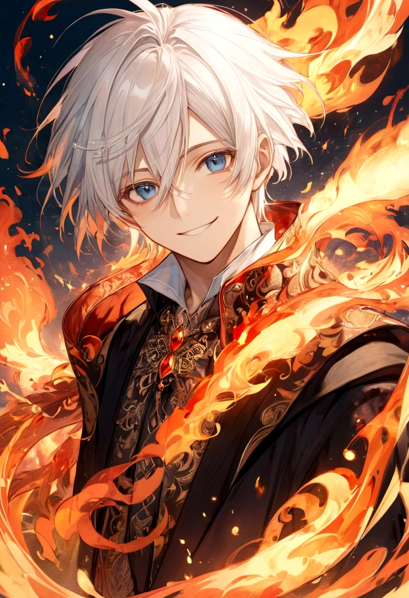 Male, Smiling, White Hair, Blue Eyes, Fire as an element
