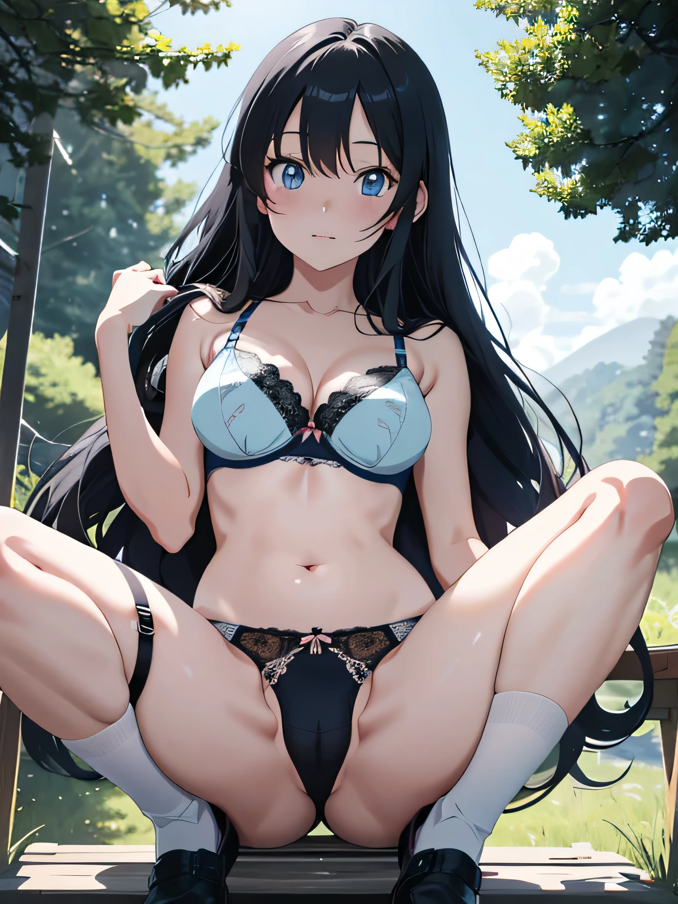 Anime woman with long black hair and blue eyes at a campsite, Anime drawing by Kamaguruka, Pixiv, shin hanga, Anime Moe Art Style, cel - shaded art style, Anime Style. 8k, flat Anime Style shading, Smooth anime CG art, Attractive anime woman, , Realistic anime art style, (((Light blue lace bra))), (((Light blue lace panties))), ((Spreading his legs wide like a frog))), Leg spread, The crotch is clearly visible, Hands behind back,