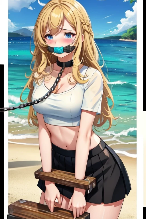 1 girl, detailed blue eyes, lange wimpern, detailed beautiful face, (very Long blonde hair:1.4), festgebunden, (blushing:1.3), (Big boobs:1.1), clv, Gag, gagged, bound knees and ankles, shibari over clothes, (black skirt, White crop top:1.4), standing on a beach at the water, nah aufnahmen, stocks, Hands together, collar with chain, getting pulled forward