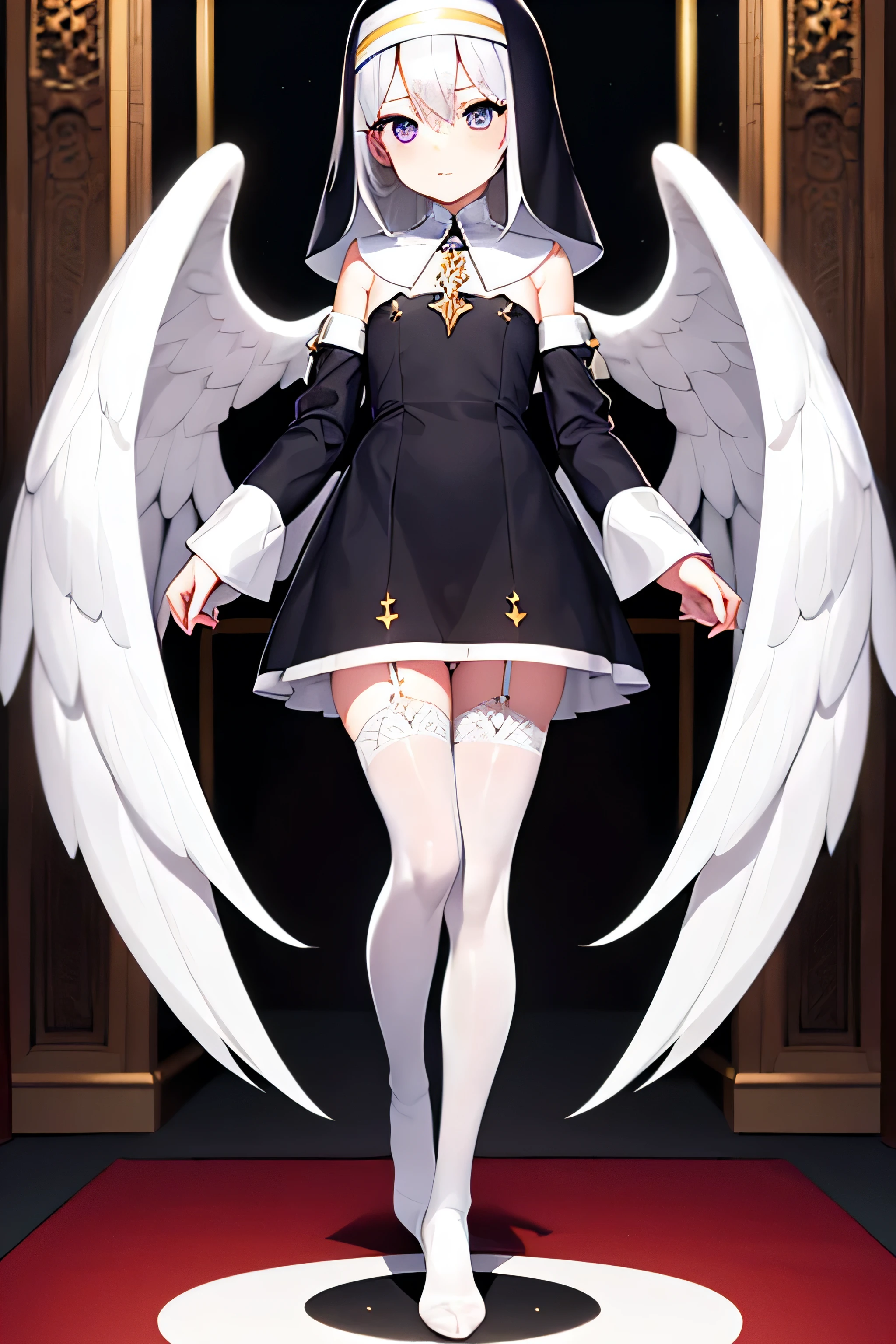 extrymly goth, small tits, short white uniqe hair, detaled feet, detaled unique nun dress,bare feets, white stocking, book, huge dynamic angel wings, perspertive at feet ,