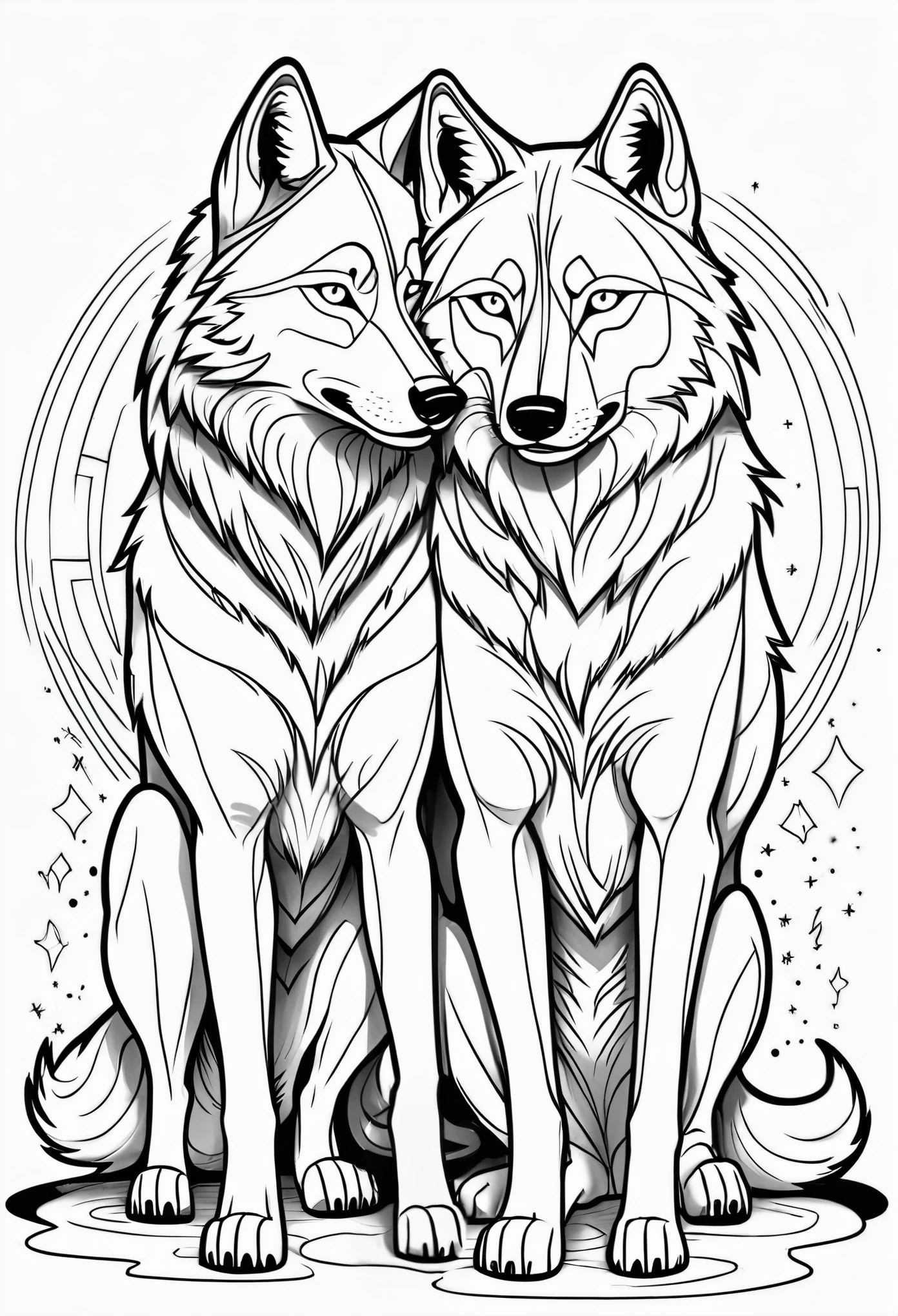 b/w vector illustration line outline of abstract graffiti  outline of full body wolves love, ,  black and white line drawing, coloring book page, no noise, autline art, isolated on a white background, coloring pages,(((((white background))))), only use outline, cartoon stzle, soloring book, clean line art, white background. adjust the leg towards the viewer