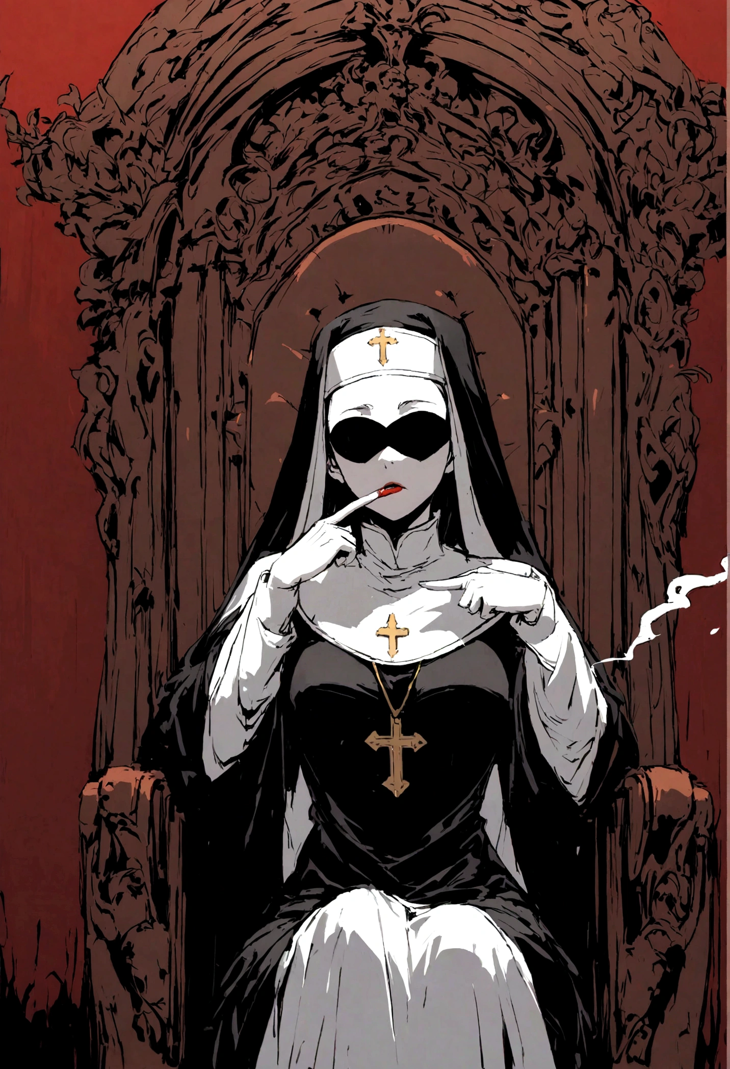 beatiful nun, scary scene,red blood background,pointing to herself while smoking, 1female,solo,sitting on throne