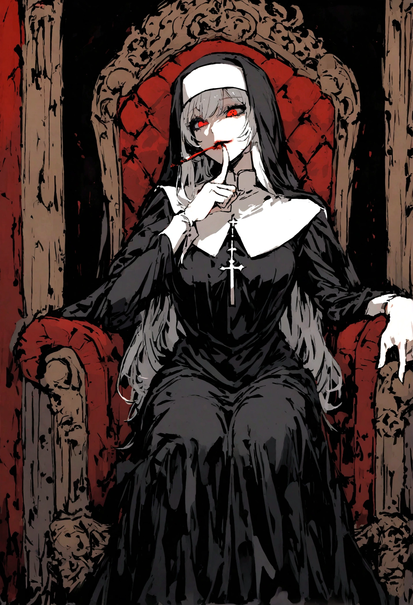 beatiful nun, scary scene,red blood background,pointing to herself while smoking, 1female,solo,sitting on throne