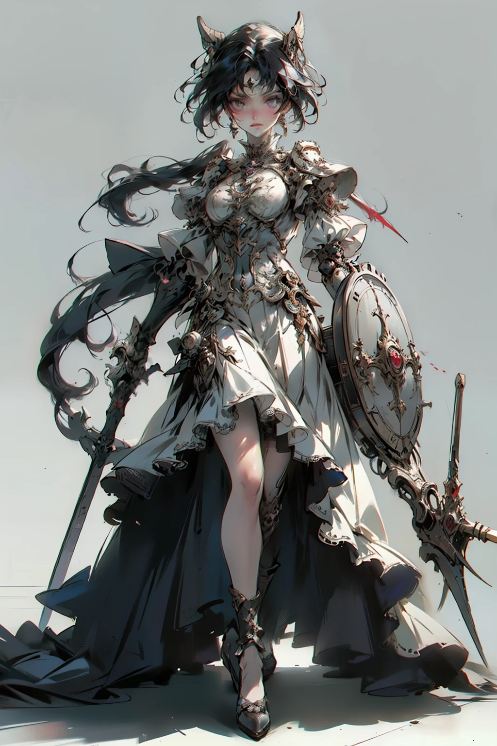 ((best quality)), ((masterpiece)), (detailed), blank white background, plain background, white background, Bloodborne inspired, occult aesthetic, occult, detailed and intricate steampunk and detailed gothic, NSFW, Very dramatic and cinematic lighting, cosmic horror, grim-dark, side-lighting, perfect face, a beaituful goddess adorned and enshrined in armour, Bloodborne inspired , occult aesthetic , occult , detailed and intricate steampunk and detailed gothic , wielding a sword and holding a shield, NSFW, Fluttering lace flared long knee length dress with frilly petticoats, knee length dress, pleated petticoats, lolita dress, petticoats gothic lolita, side-lighting, gothic lolita aesthetic, beautiful small breasts, small breasts, full body, whole body, body, plain background, white background, blank background, no background, white background NSFW, full body, whole body, head-to-toe
