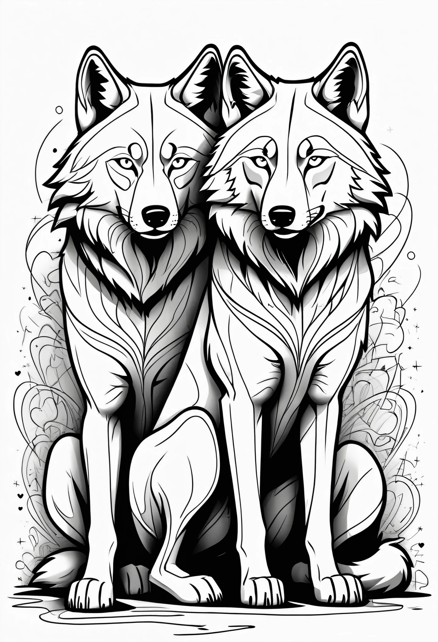 b/w vector illustration line outline of abstract graffiti  outline of full body wolves, love,  black and white line drawing, coloring book page, no noise, autline art, isolated on a white background, coloring pages,(((((white background))))), only use outline, cartoon stzle, soloring book, clean line art, white background