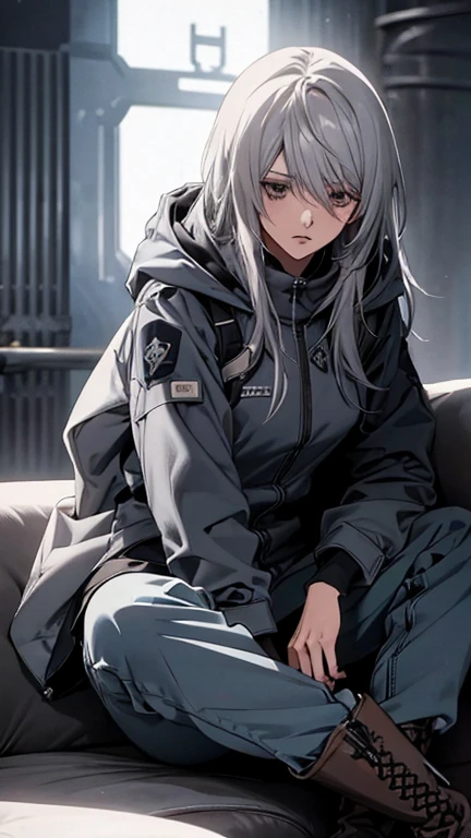 (Confused, High resolution, Very detailed), 1 female, Silver Hair,Long Hair,Blue pilot suit,Hooded coat,Wearing a hood,pants,boots,24th generation,beauty,mature,thin,quiet,Calm,tired,Sitting cross-legged,sofa