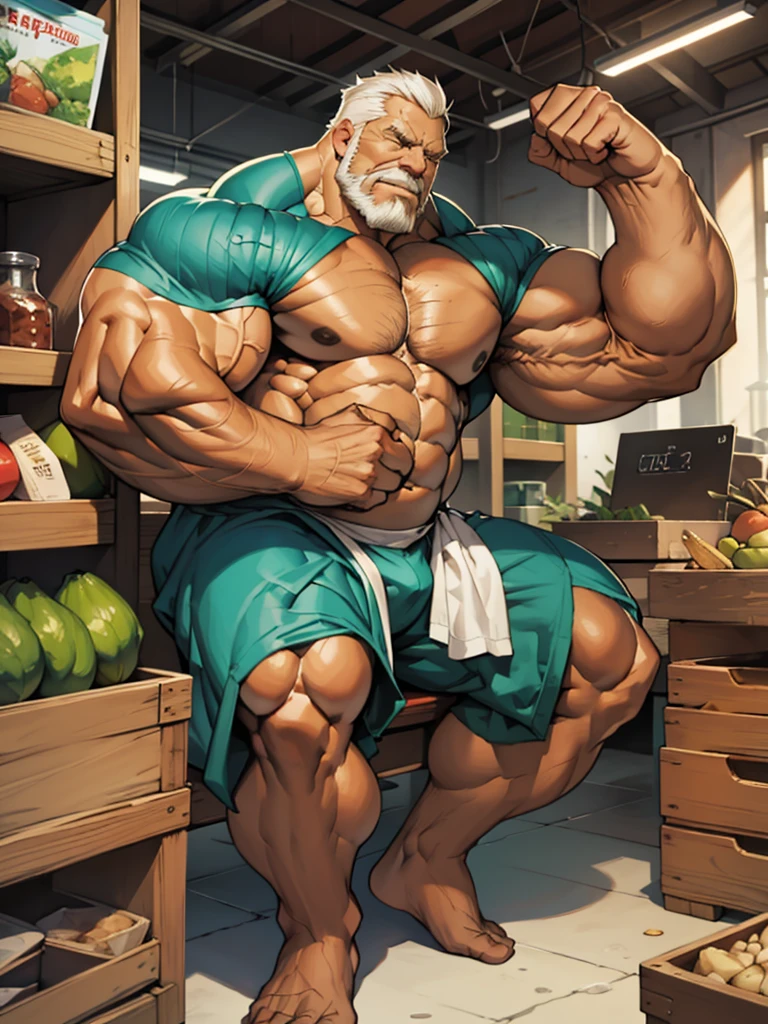 traditional market, extremely huge muscular, massive muscular, full-body, well-muscled old man, sitting on box, nude, shirtless. ((extremely muscle size, super thick arms, huge pec, extremely wide pectoral , huge arms)).  and add details to make it attractive and interesting. Add textures and details to make the image more realistic, such as the appearance of the shirt texture and the appearance of the skin. Make sure the resulting image is high resolution, 8K quality."