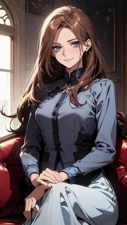 (highest quality,High resolution,Very detailed),1 girl, Beautiful and elegant light blue eyes, Brown Hair, Cold Smile,Long Hair,Midi Skirt,Wearing a suit, Mature Woman, Age 27,Cruel smile, Calm and Calm,secretary, Slim figure, Pale complexion, thin, Calm, sofa,Sitting cross-legged
