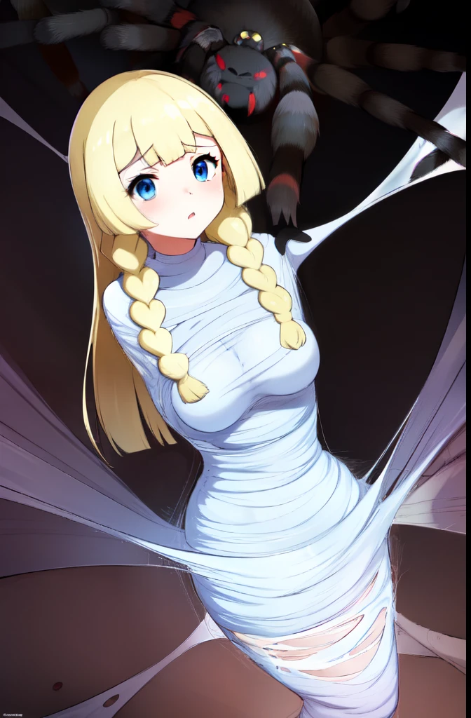 masterpiece, best quality, 1girl, solo, looking at viewer, Lillie\(pokemon\), length hair, blonde hair, messy hair,twin braids , breasts out, (arms behind back:1.4), hanging,spiders in the web,long spider, desperate,struggle, entangled, embarassed face, despair,cocoon, blushing face, fucked by spider, (spider touching her)