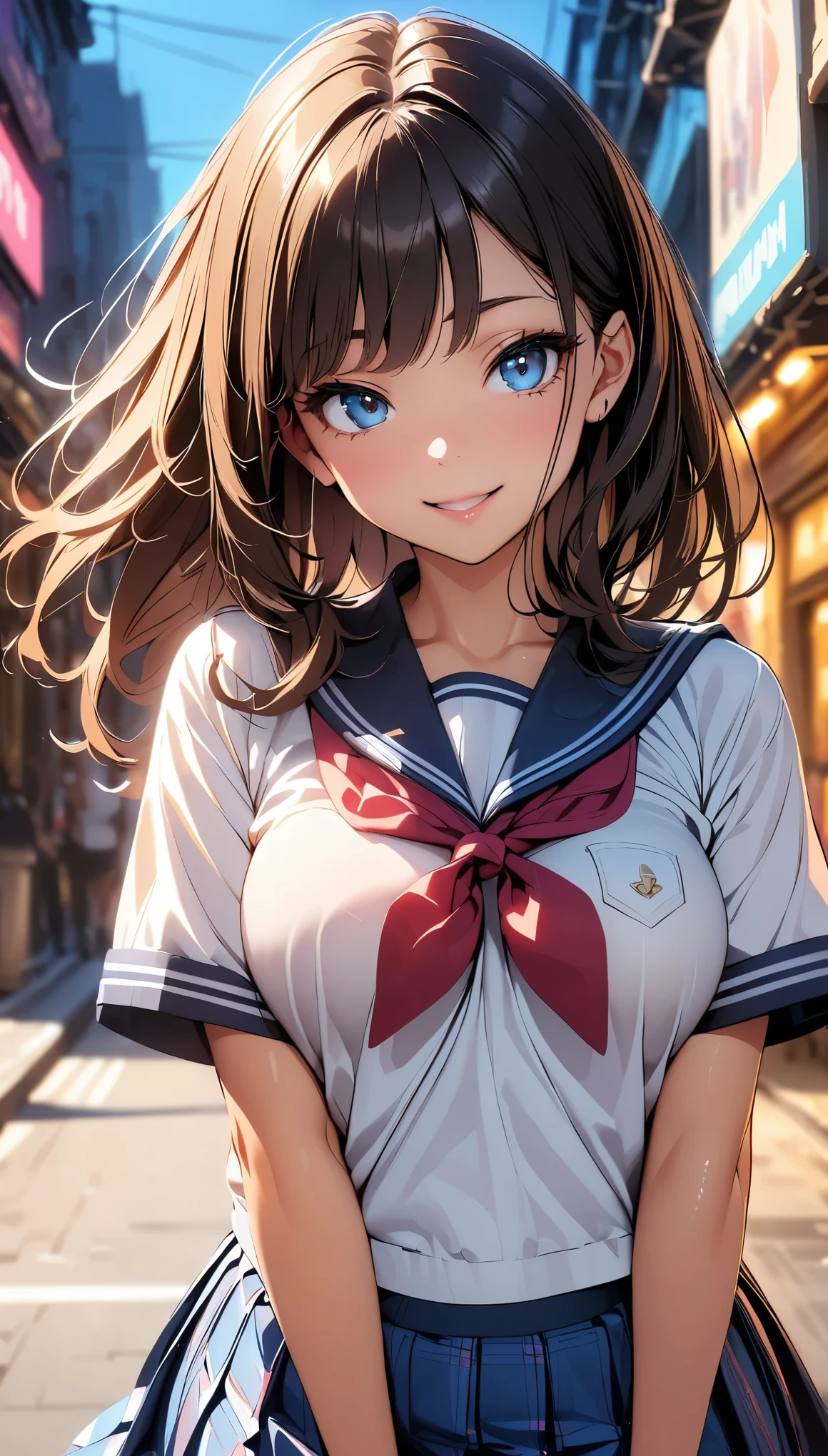 (highest quality:1.2, 4K, 8k, Very detailed, up to date, Vibrant, High detail, High Contrast, masterpiece:1.2, highest quality, Best aesthetics), (((1 girl))), jk, Sailor suit, Checked skirt, Open your mouth a little:1.2, smile, Dynamic Angle, Friendly atmosphere, Beautiful Hair, Shiny Hair, Beautiful Skin, Detailed face and eyes, Glossy lips, Curvy Women, Striking contrast, bustling street, City lights, Light and shadow with attention to detail, Background blur.