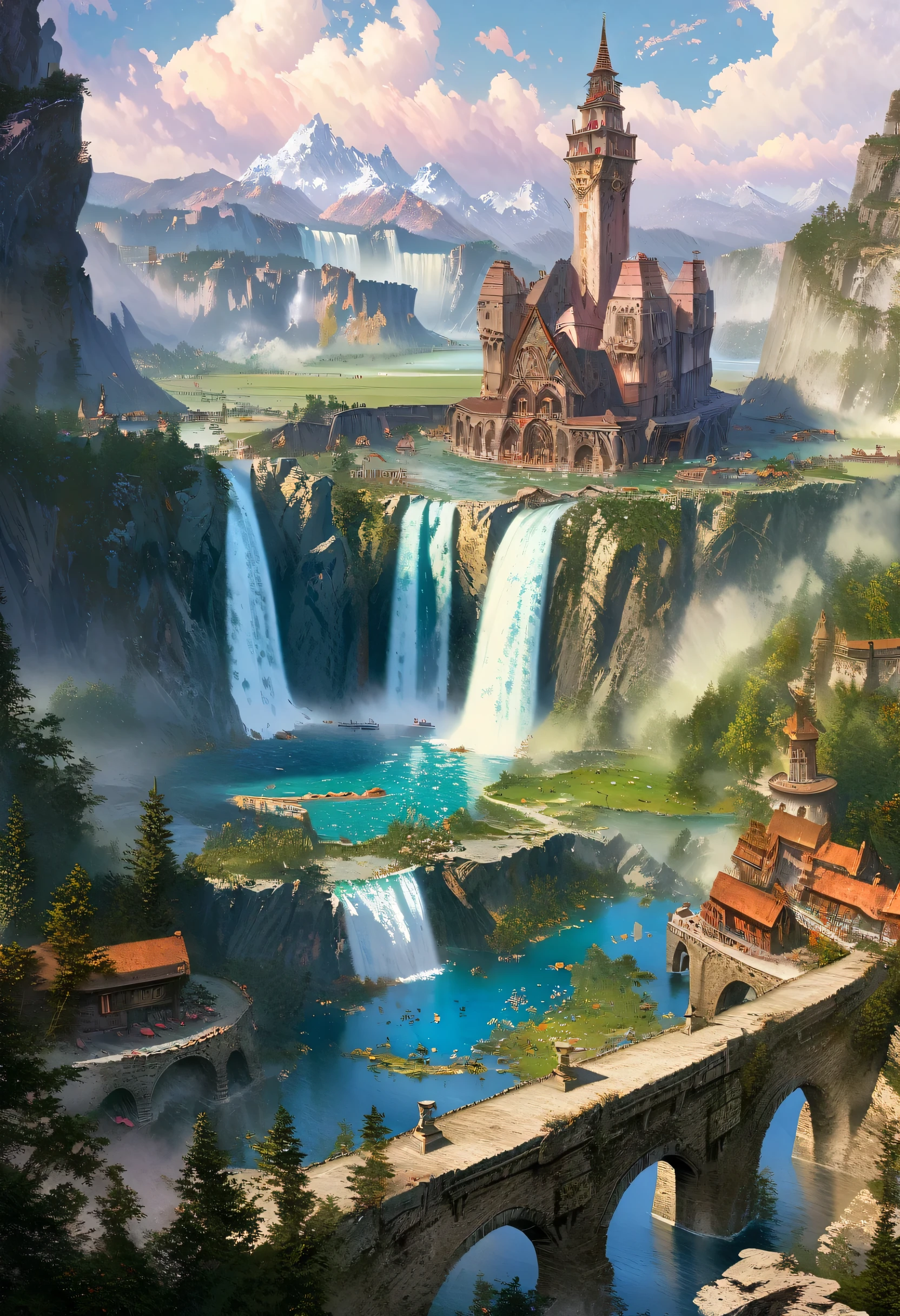 An alfa view of the falls with the tower and waterfall in the background, fantasy matte painting,cute, Landscape painting, Game Art Matte Painting, Illustration Matte Painting, Dota! Matte painting concept art, Dota Matte painting concept art, 2. 5d cgi anime fantasy artwork, Dreamy Matte Paintings, fantasy matte painting, Avatar Landscape, Game Map Matte Painting
