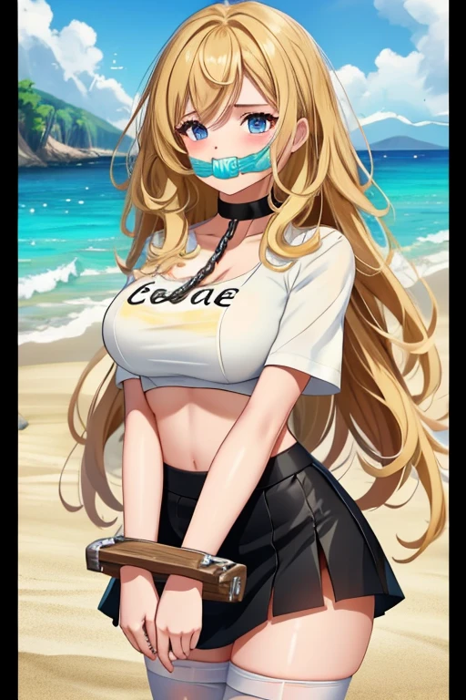 1 girl, detailed blue eyes, lange wimpern, detailed beautiful face, (very Long blonde hair:1.4), festgebunden, (blushing:1.3), (Big boobs:1.1), clv, Gag, gagged, bound knees and ankles, shibari over clothes, (black skirt, White crop top:1.4), standing on a beach at the water, nah aufnahmen, stocks, Hands together, collar with chain, getting pulled forward
