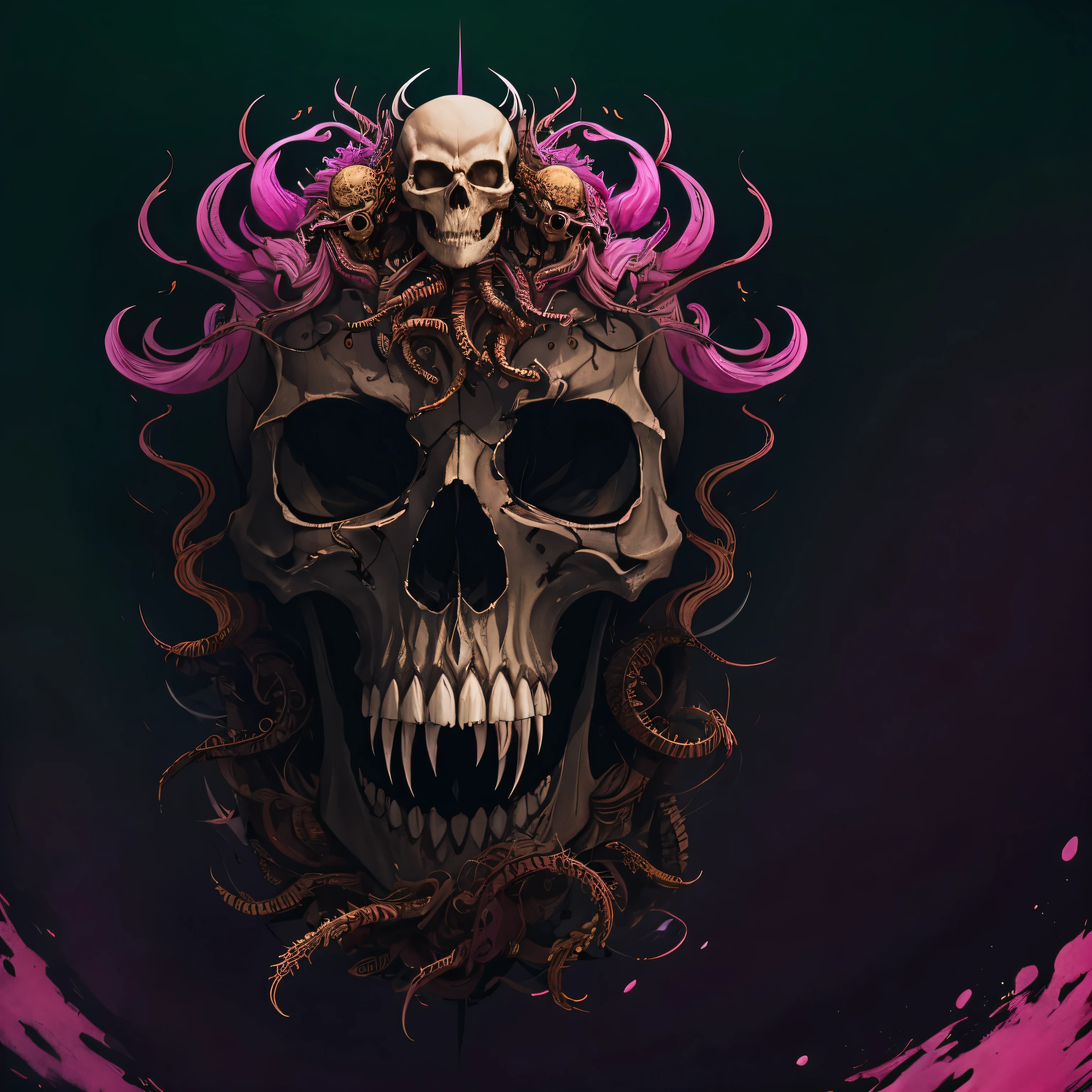 logo design centered vector illustration, watercolor, Chrome oil painting of a skull with many worms coming out of its eyes and mouth, fundo preto faiscas, cores verde neon, pink e roxo alta qualidade, melhor qualidade, texturizado perfeitamente, luminosidade dramatica, octane render 8K