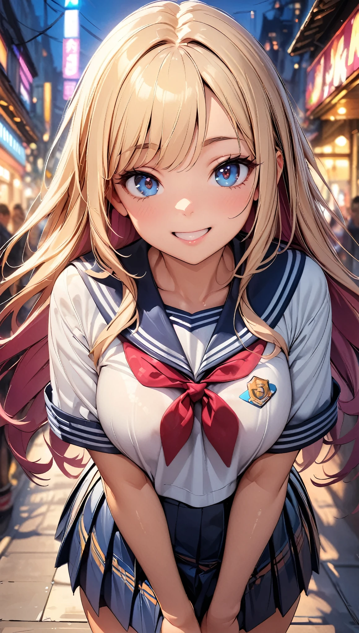 (highest quality:1.2, 4K, 8k, Very detailed, up to date, Vibrant, High detail, High Contrast, masterpiece:1.2, highest quality, Best aesthetics), (((1 girl))), jk, Sailor suit, Checked skirt, Open your mouth a little:1.2, smile, Dynamic Angle, Friendly atmosphere, Beautiful Hair, Shiny Hair, Beautiful Skin, Detailed face and eyes, Glossy lips, Curvy Women, Striking contrast, bustling street, City lights, Light and shadow with attention to detail, Background blur.