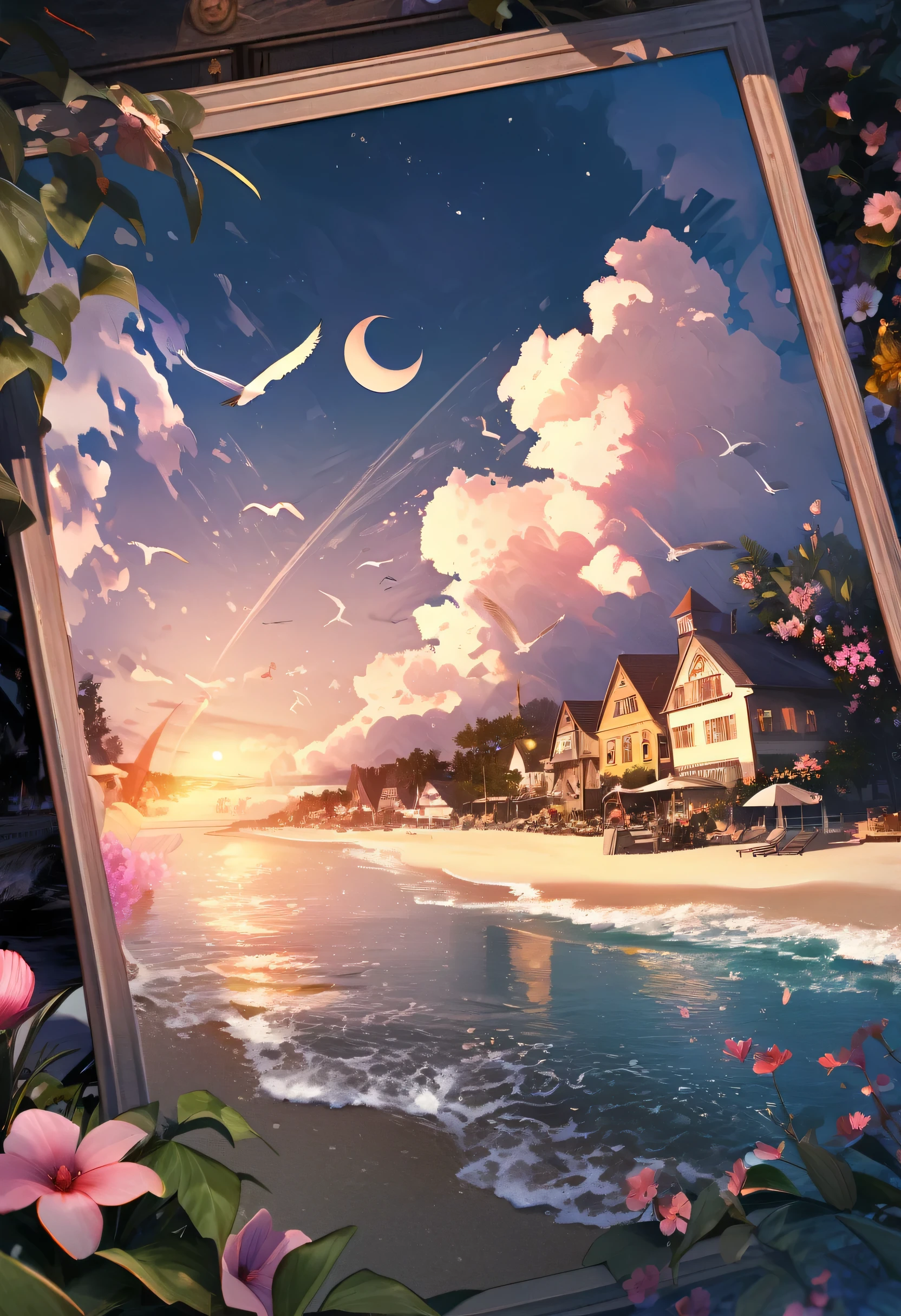 city, Flowers, A delicate scene, null, White cloud, The sun shines on the white beach. bird, pink Flowers and bright big shells, Diamond Crystal, At the Beach, Fantasy, night null, moon, cigarette, fire, photograph, High resolution, 8k, UHigh resolution, Super detailed, high quality, 1080p  
