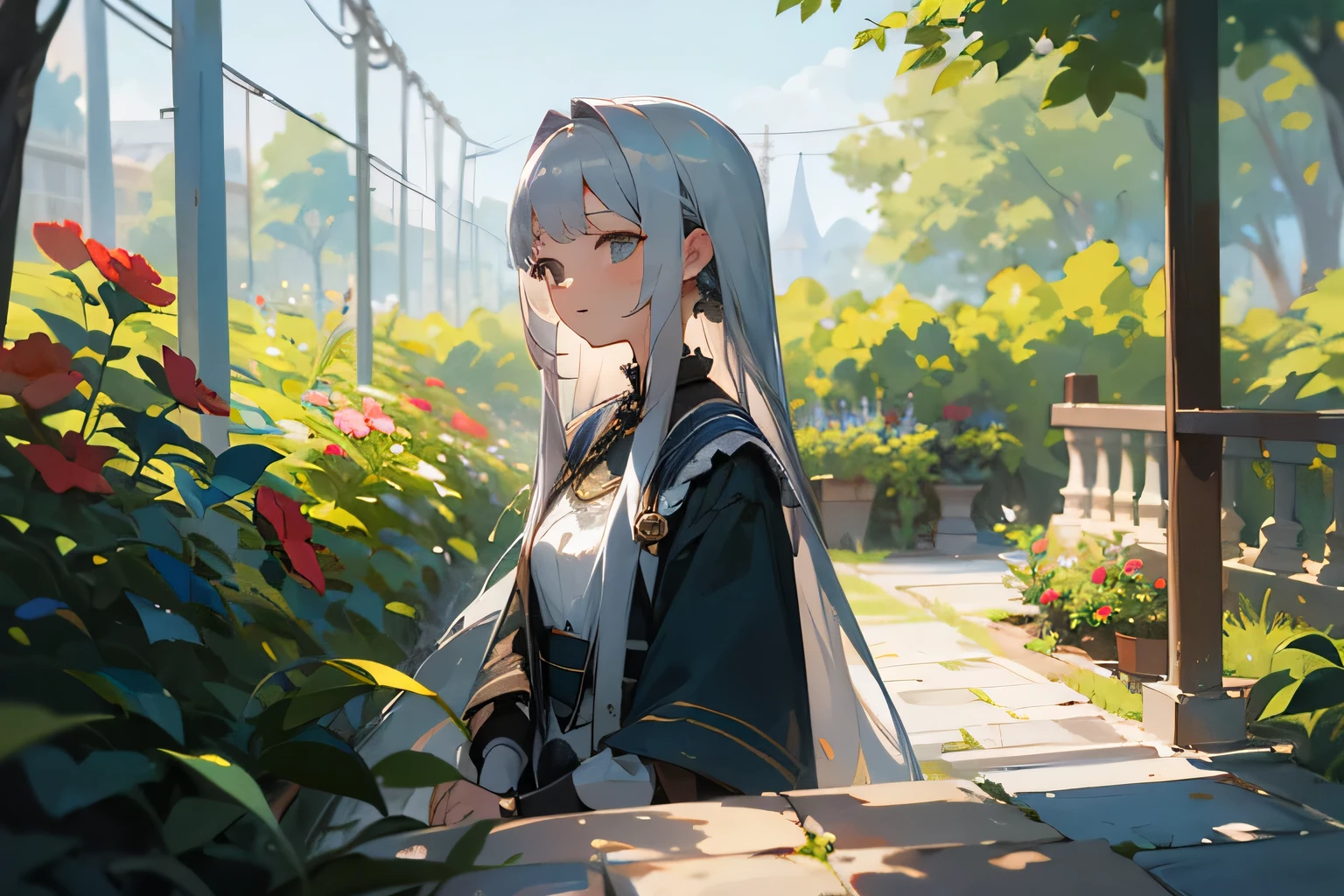 ((best quality)), ((masterpiece)), (detailed), 1 Girl, garden,Long silver hair,