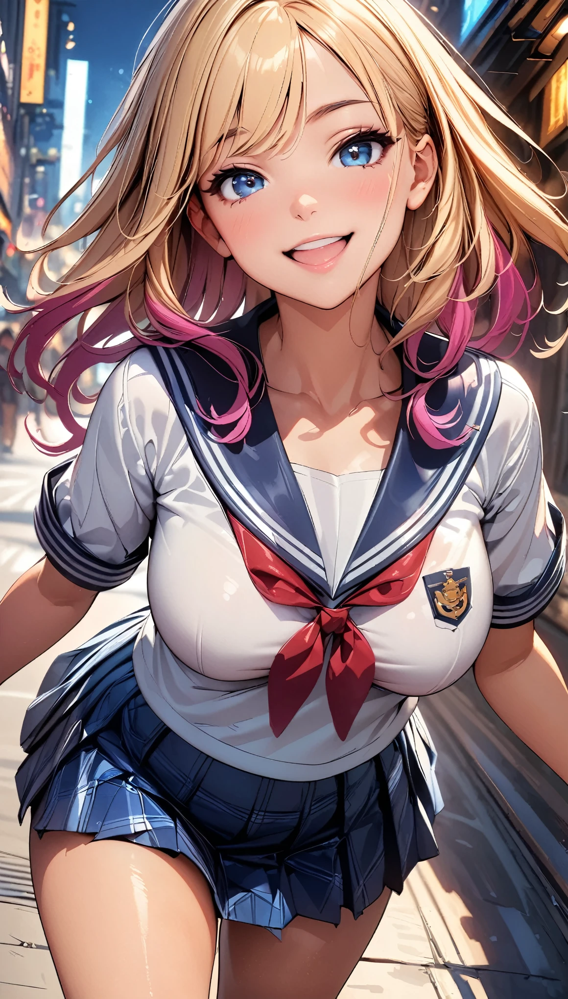 (highest quality:1.2, 4K, 8k, Very detailed, up to date, Vibrant, High detail, masterpiece:1.2, highest quality, Best aesthetics), (((1 girl))), jk, Sailor suit, Checked skirt, Open your mouth a little:1.2, smile, Dynamic Angle, Friendly atmosphere, Beautiful Hair, Shiny Hair, Beautiful Skin, Detailed face and eyes, Glossy lips, Curvy Women, bustling street, City lights, Light and shadow with attention to detail, Background blur.