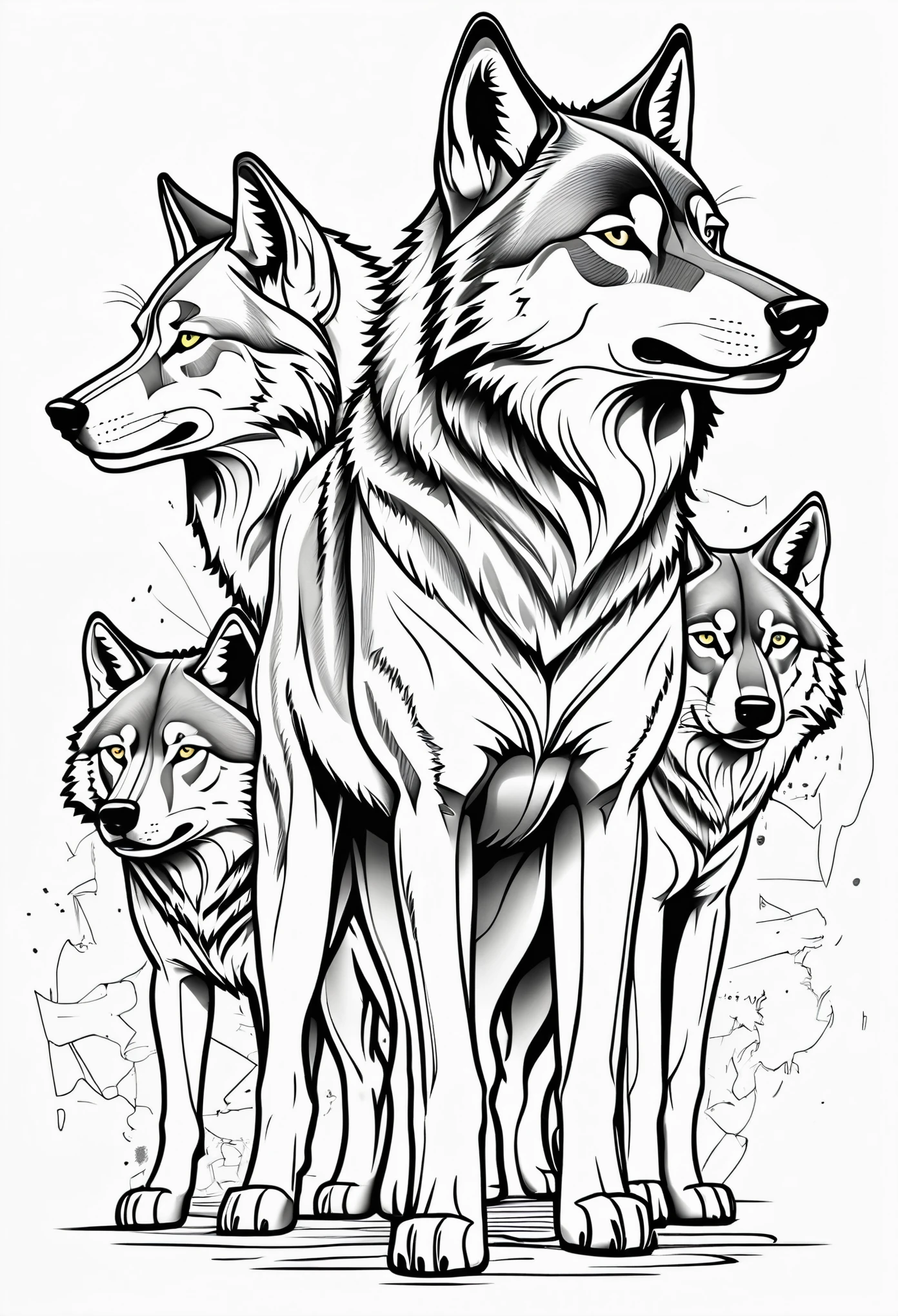 b/w vector illustration line outline of abstract graffiti outline of full body wolves, black and white line drawing, realistic coloring book page, no noise, autline art, isolated on a white background, coloring pages,(((((white background))))), only use outline, cartoon style, realistic coloring book, clean line art, white background