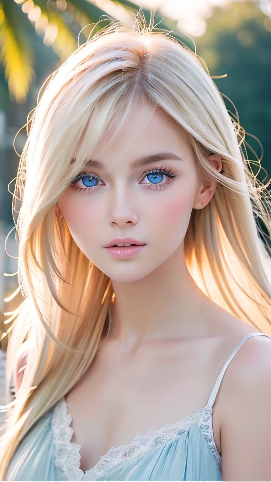 Shiny, Beautiful white skin、Hair color changes with light、Long bangs obstruct the view、Cheek gloss highlighter、Sexy and very beautiful, Ladylike, cute, Gorgeous face、The most beautiful face in the world、The most beautiful super long blonde hair in the world、Smooth, Straight Hair、Bright light blue eyes, lighting equipment、Beautiful pony、Beautiful 15 year old Swedish girl、Baby Face