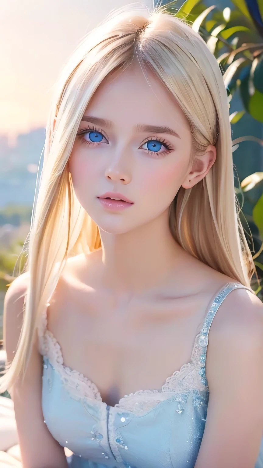 Shiny, Beautiful white skin、Hair color changes with light、Long bangs obstruct the view、Cheek gloss highlighter、Sexy and very beautiful, Ladylike, cute, Gorgeous face、The most beautiful face in the world、The most beautiful super long blonde hair in the world、Smooth, Straight Hair、Bright light blue eyes, lighting equipment、Beautiful pony、Beautiful 15 year old Swedish girl、Baby Face