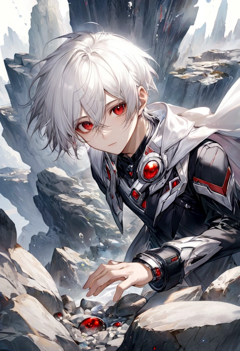 Male, White Hair, Red Eyes, Rock as an element