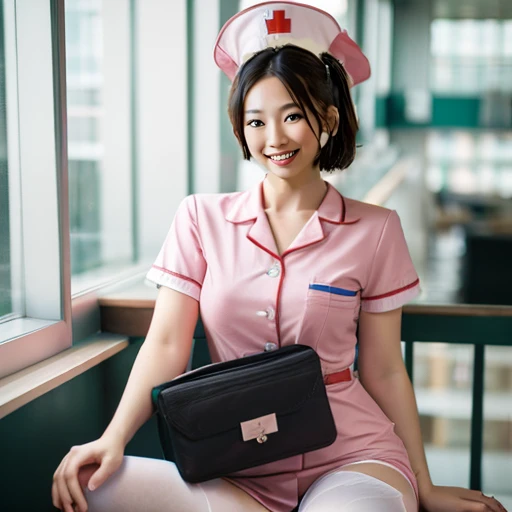 Ray Tracing, 1 girl, 1 female, nurse, nurse cap, Pink clothes, ((White legwear, )),