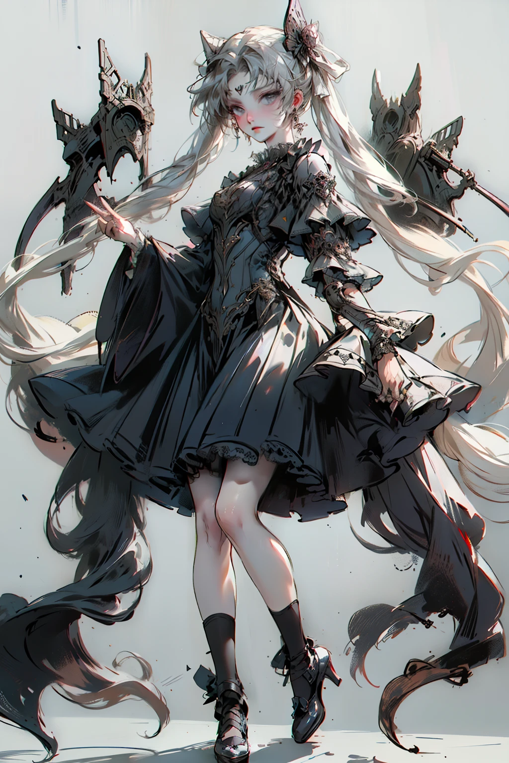 ((best quality)), ((masterpiece)), (detailed), blank white background, plain background, white background, Bloodborne inspired, occult aesthetic, occult, detailed and intricate steampunk and detailed gothic, NSFW, Very dramatic and cinematic lighting, cosmic horror, grim-dark, side-lighting, perfect face, NSFW, Fluttering lace flared long knee length dress with frilly petticoats, knee length dress, pleated petticoats, lolita dress, petticoats gothic lolita, side-lighting, gothic lolita aesthetic, beautiful small breasts, small breasts, full body, whole body, body, plain background, white background, blank background, no background, white background NSFW, full body, whole body, head-to-toe