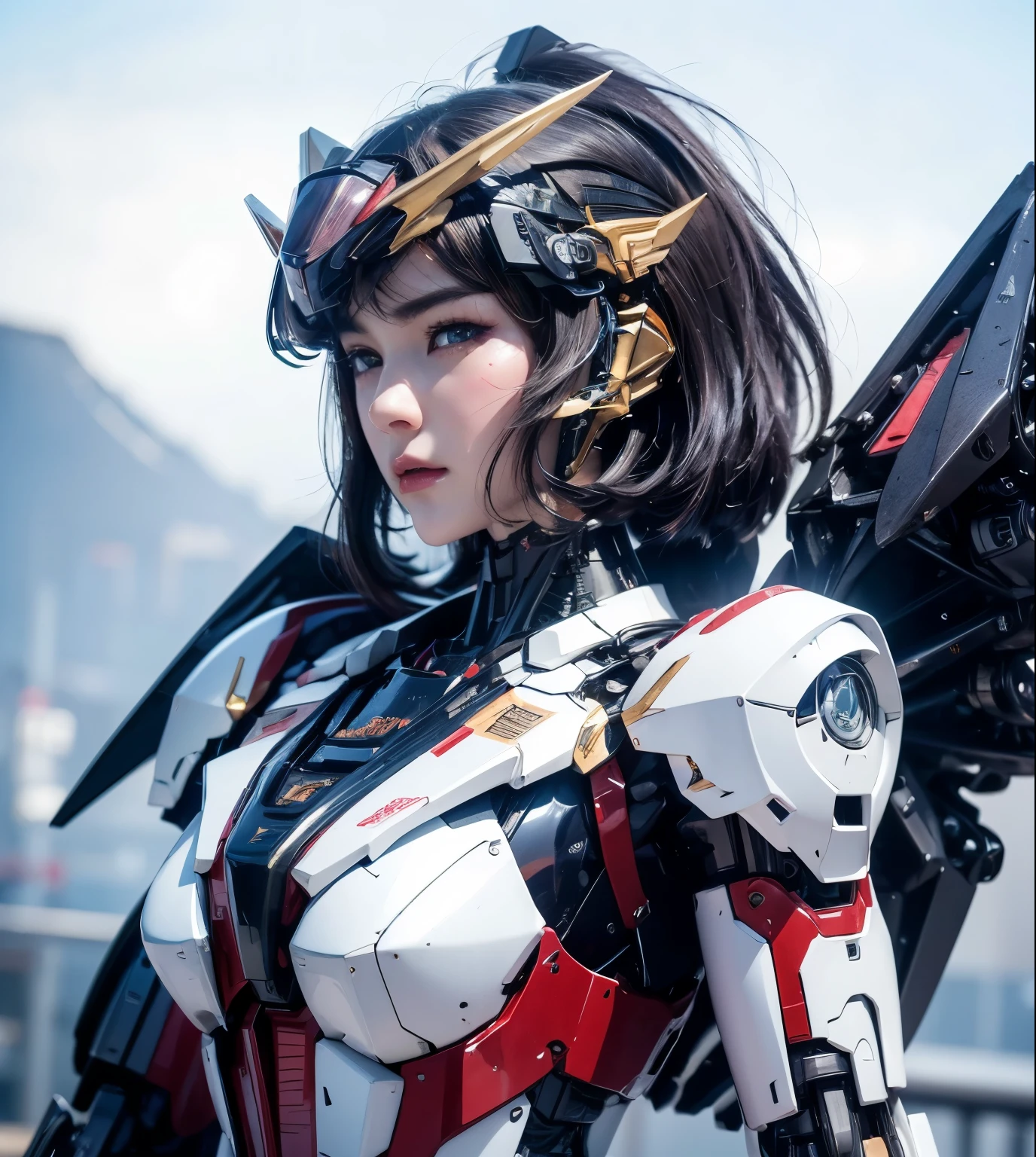 Textured skin, Super detailed, Attention to detail, high quality, 最high quality, High resolution, 1080p, hard disk, beautiful,(Gundam),Beautiful cyborg woman,Mecha Cyborg Girl,Battle Mode,Girl with a mechanical body,She wears a futuristic Gundam mecha,Full Body Shot