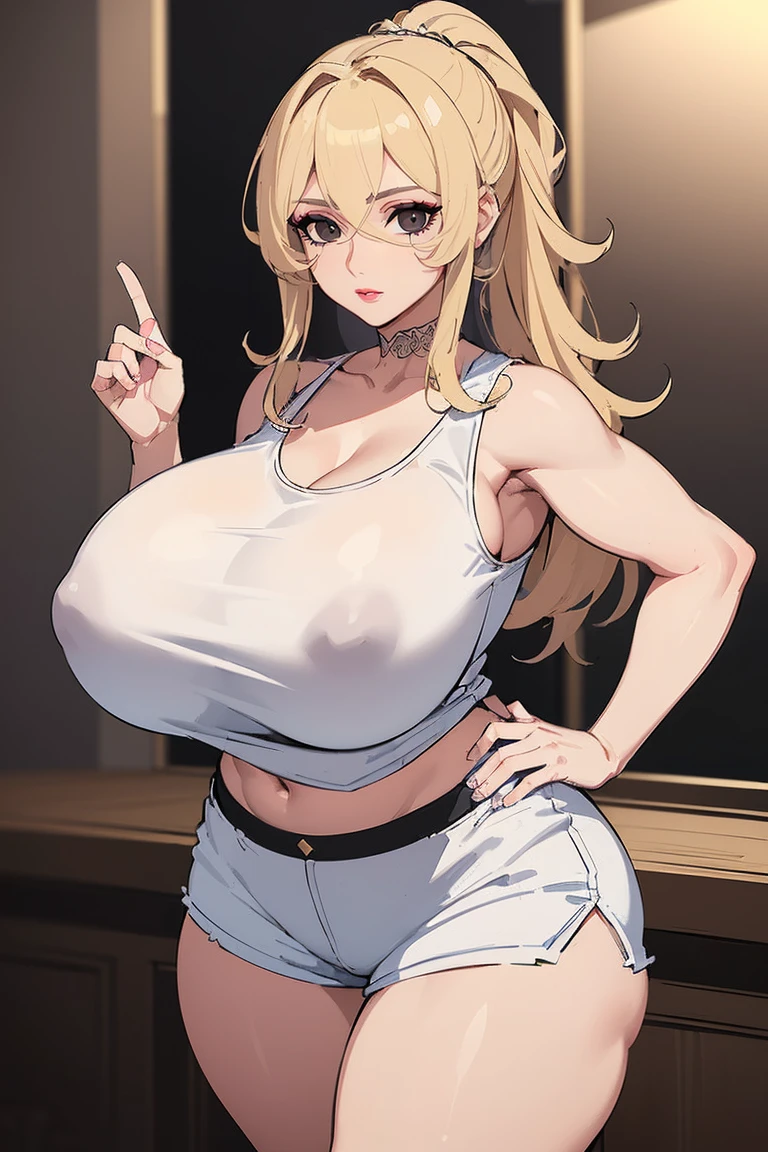 (Uhd, Masterpiece, Textured Skin, Super Detail, High Details, High Quality, Best Quality), Detailed Face, 1woman, mature pretty woman:1.5, ((Wide hips, thick thighs, massive huge breasts)), Blonde hair tied up, (White tank top shirt/demian shorts), (Huge Body)