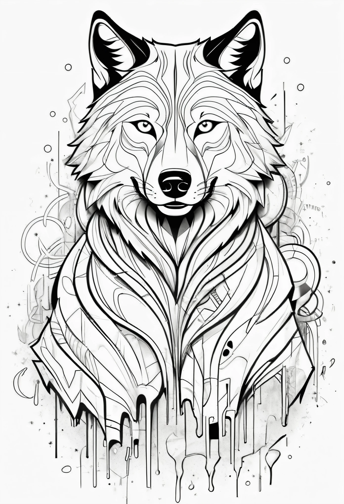 b/w vector illustration line outline of abstract graffiti outline of full body wolves, black and white line drawing, coloring book page, no noise, autline art, isolated on a white background, coloring pages,(((((white background))))), only use outline, cartoon stzle, soloring book, clean line art, white background