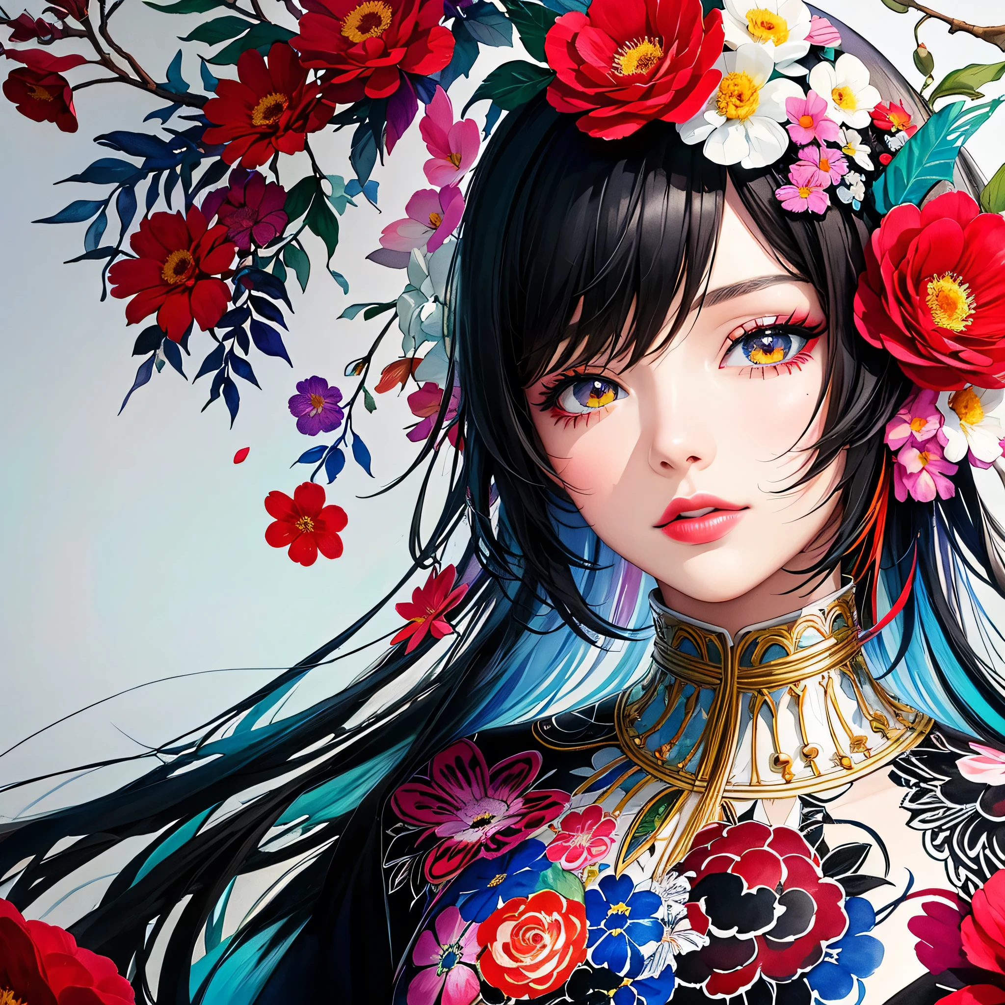 Black Star Red and White Style、(((stylish fashion))), 8K Quality、Intense watercolor, Detailed watercolor art, Watercolor splash, Surreal, avant-garde pop art, Beautiful and expressive paintings, Beautiful artwork illustration, Very colorful tones, wonderful, Cool beauty, highest quality、Official Art, Vector art, Stylish design, (((The most beautiful girl))), Lips in Love, (((highest quality))), HDR, ((detailed)), (((Doodle Art)), ((masterpiece)), ((Super detailed)), (((Colorful flowers))),(((Stylish))),