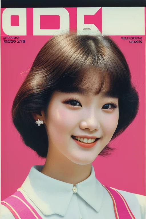 Korean 80s magazine cover , Retro_Magazine , Seoul, 1982. A young korean girl, 23-year-old, strikingly beautiful, delicate facial features, porcelain skin, expressive eyes, ((awe and joy expression)), ((((clothings from the 1980s)))), ((hairstyle of the 1980s)), colorful,