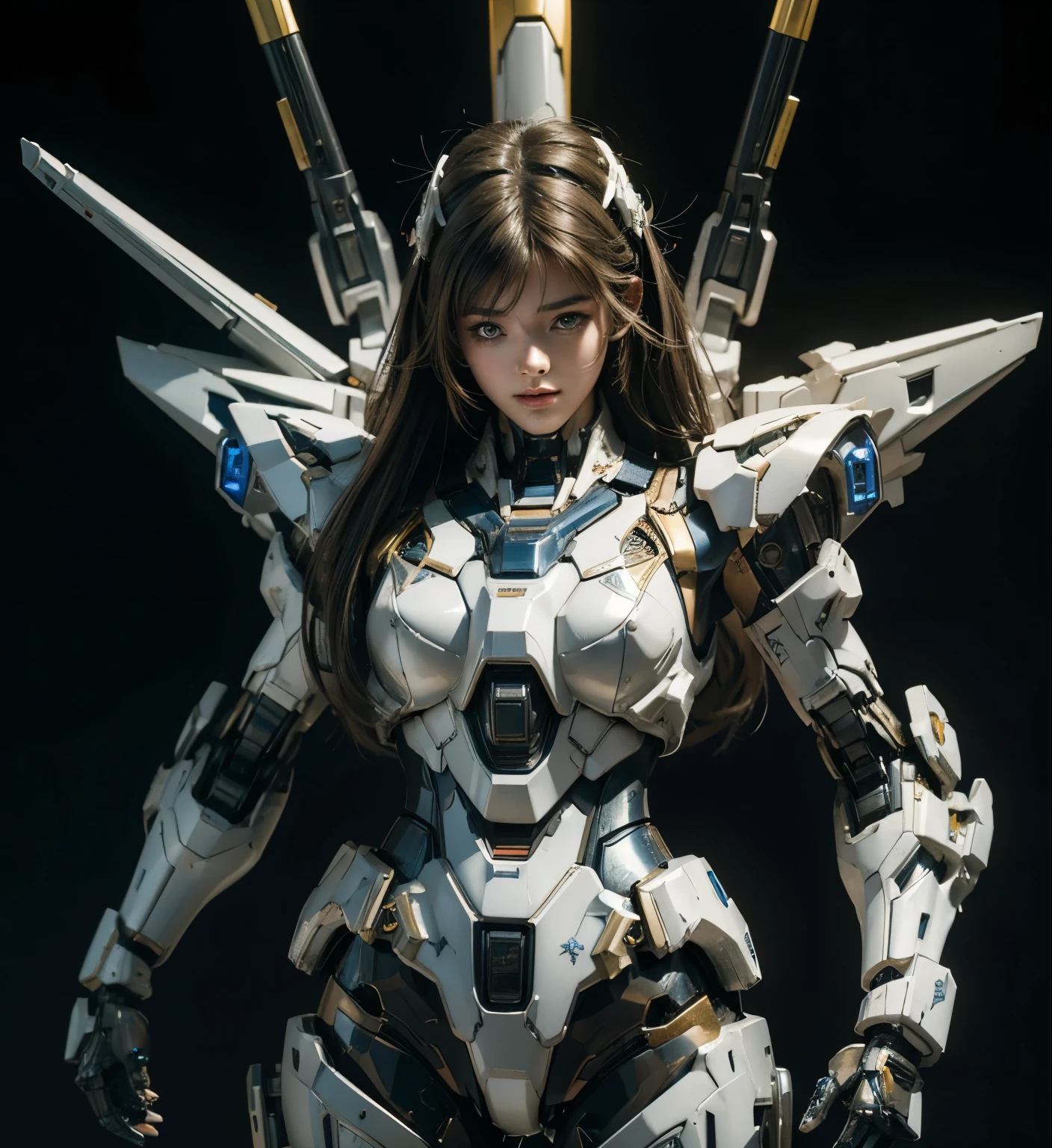 Textured skin, Super Detail, high details, High quality, Best Quality, hight resolution, 1080p, hard disk, Beautiful,(Gundam),beautiful cyborg woman,Mecha Cyborg Girl,Battle Mode,Girl with a Mecha Body,She wears a futuristic Gundam mecha,Fulll body Shot