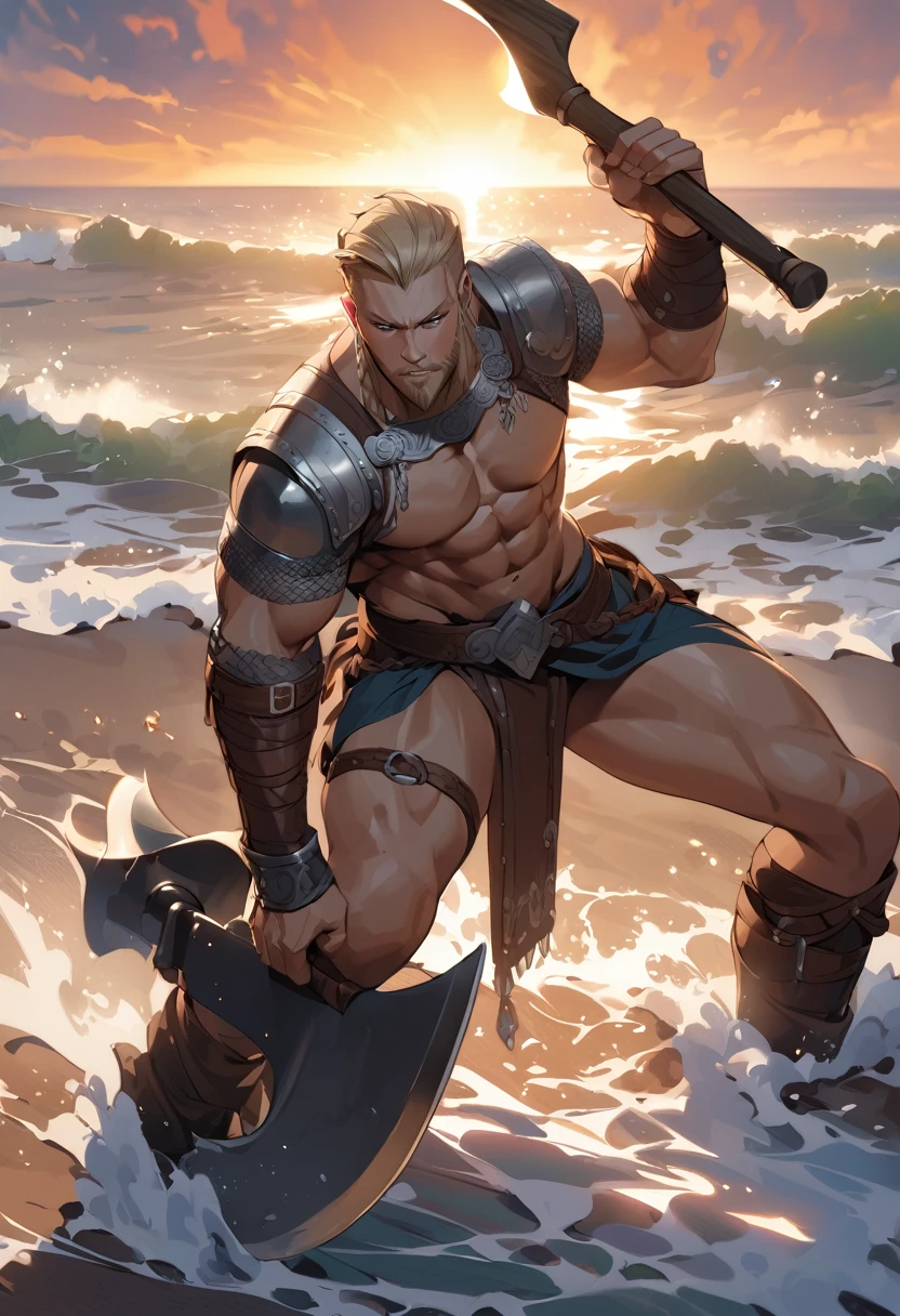 (masterpiece, best quality:1.1),
(ultra highres, ultra-detailed:1.2) ,Ragnar Lothbrok,Viking,Viking axe,He leads his allies in fighting the enemy.,,,dynamic pose,Ancient English beaches,