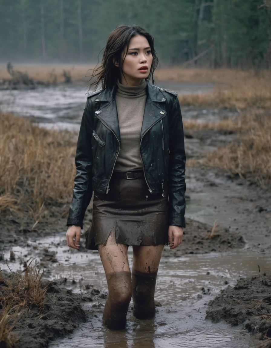 8k, ultra-detailed, documentary drama photo, grainy film photo, side view, close-up, masterpiece,muted colors, muffled light, dusk, rainy, moody, woman drowning in forest mud bog, shame expression, muddy stockings, messy pencil skirt, light turtleneck, messy faded leather jacket, beautiful long brunette hair, depraved outfit,asian:0.5fetishistic makeup,