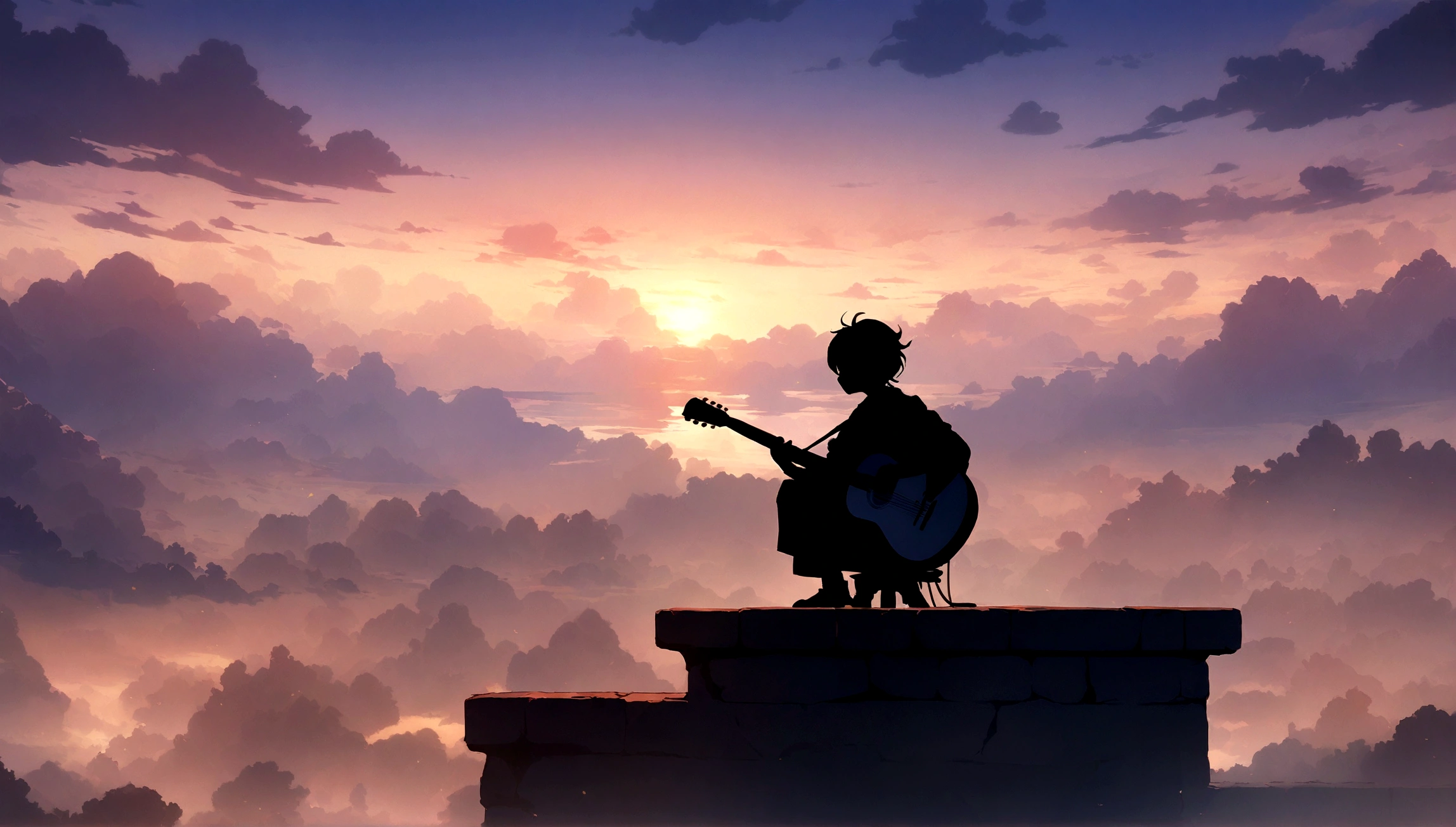 Cartoon young man sitting on a ledge at sunset and playing the guitar, alone、silhouette、Anime Art Wallpapers 8K, anime art wallpaper 4k, anime art wallpaper 4k, 4K Anime Style, 4k anime wallpaper, 4k anime wallpaper, 4k anime wallpaper, Wallpaper Manga 4K Wallpaper, Makoto Shinkai Cirilo Rolando, Loffy Boy