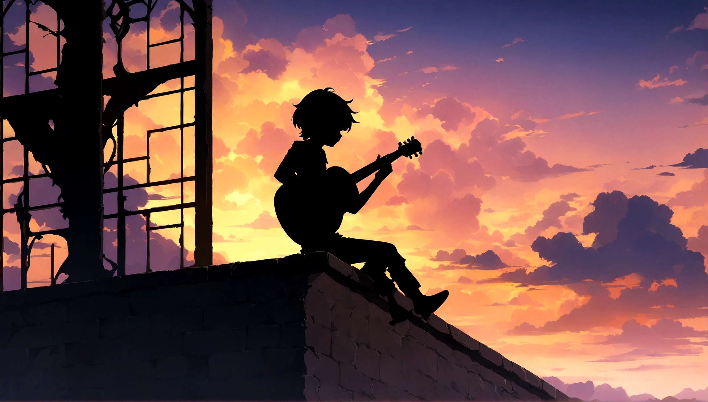 Cartoon young man sitting on a ledge at sunset and playing the guitar, alone、silhouette、Anime Art Wallpapers 8K, anime art wallpaper 4k, anime art wallpaper 4k, 4K Anime Style, 4k anime wallpaper, 4k anime wallpaper, 4k anime wallpaper, Wallpaper Manga 4K Wallpaper, Makoto Shinkai Cirilo Rolando, Loffy Boy