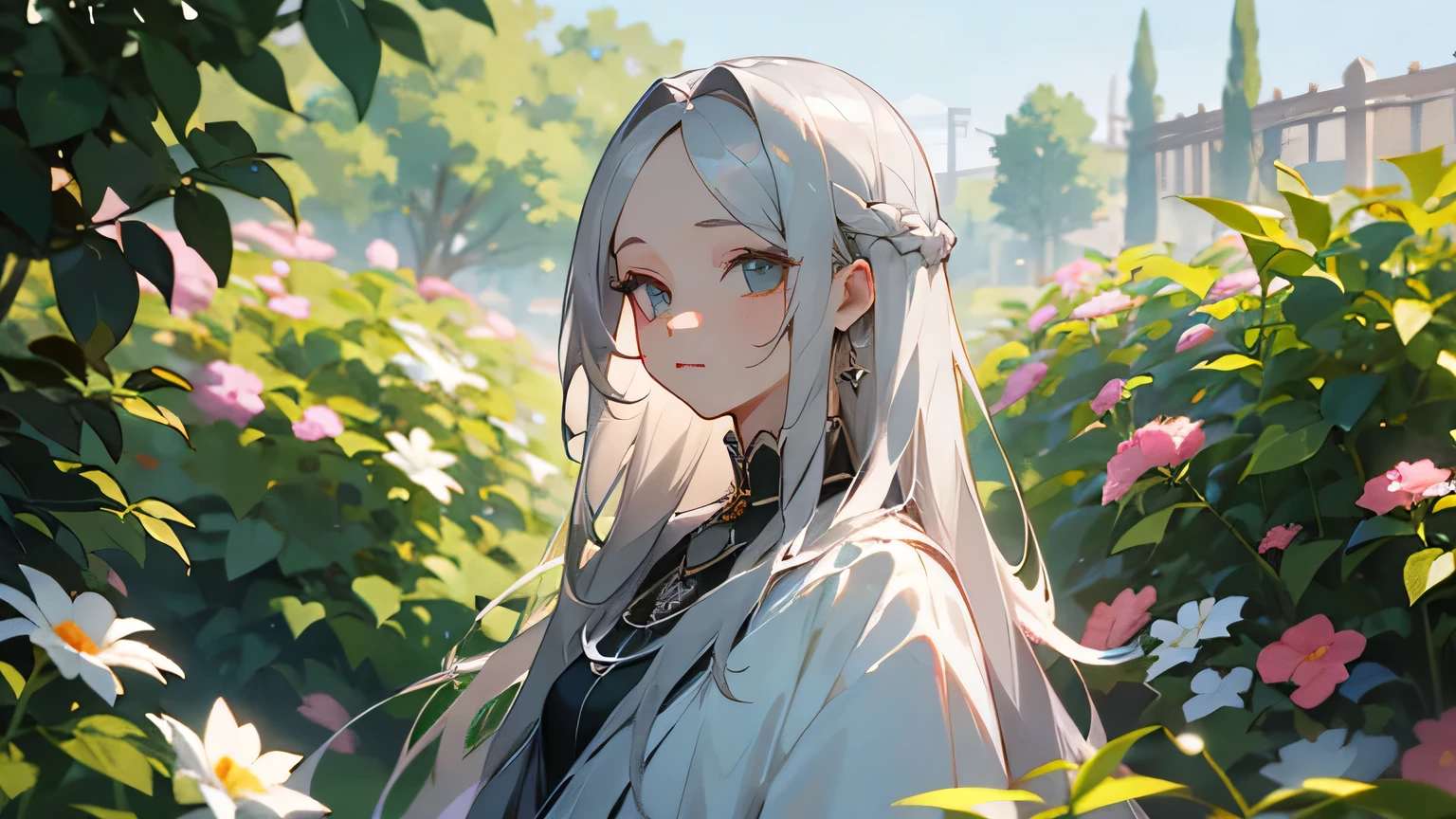 ((best quality)), ((masterpiece)), (detailed), 1 Girl, Long silver hair，eyes like jewels，garden