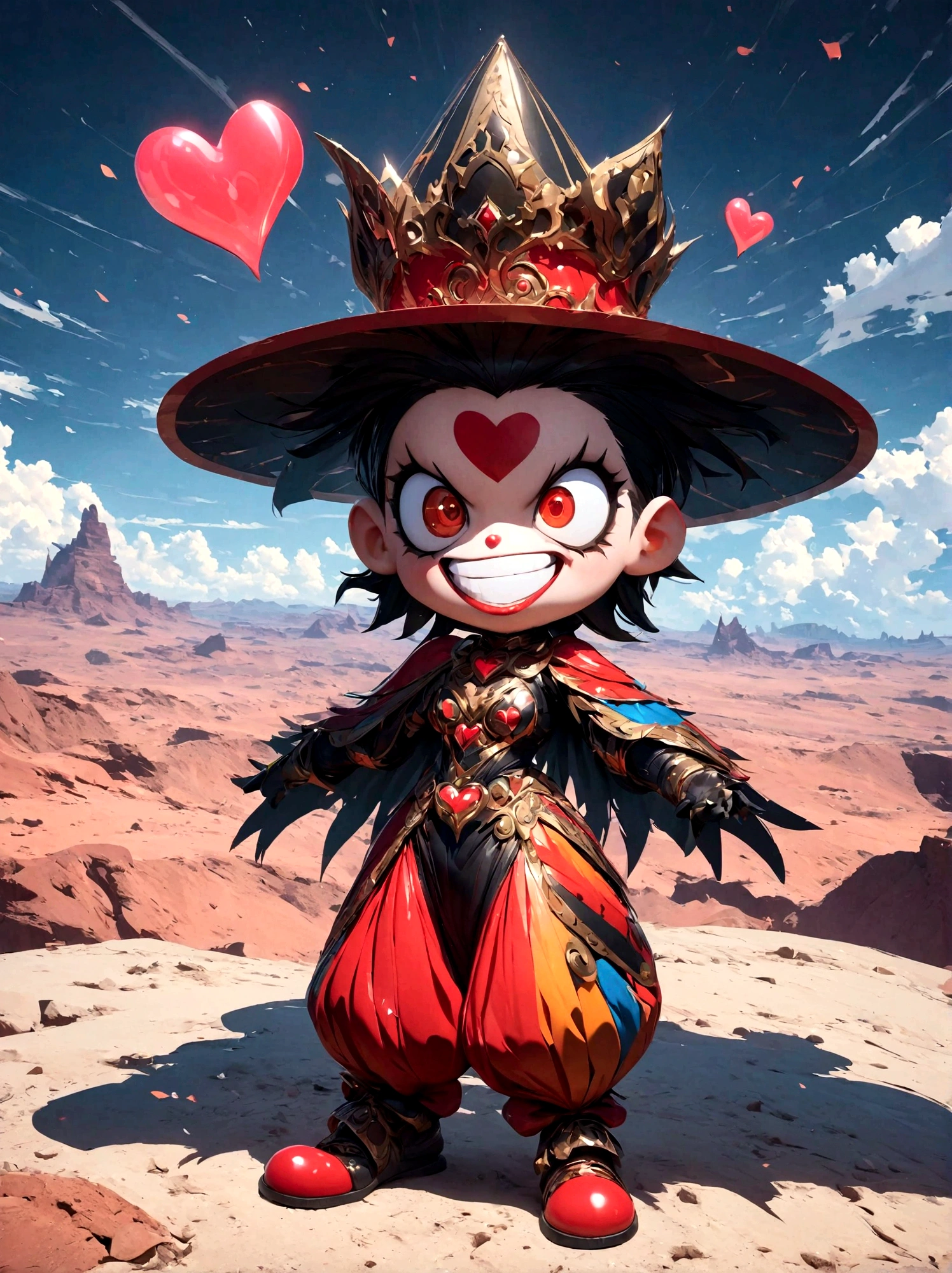 1girl，solo，clown, Grin, laugh out loud, big eyes, shiny, fit, Wearing chaotic and colorful clothes, Wearing a fancy hat with a heart symbol on it, Baggy pants, Oversized shoes, Express excitement vividly, Open your arms, The background is an otherworldly landscape, full-body shot, Cartoon Style, Created with C4D and Blender, precise, Blind box toy styles, Super Detail, Anatomically correct, masterpiece，Panorama，Wide Angle