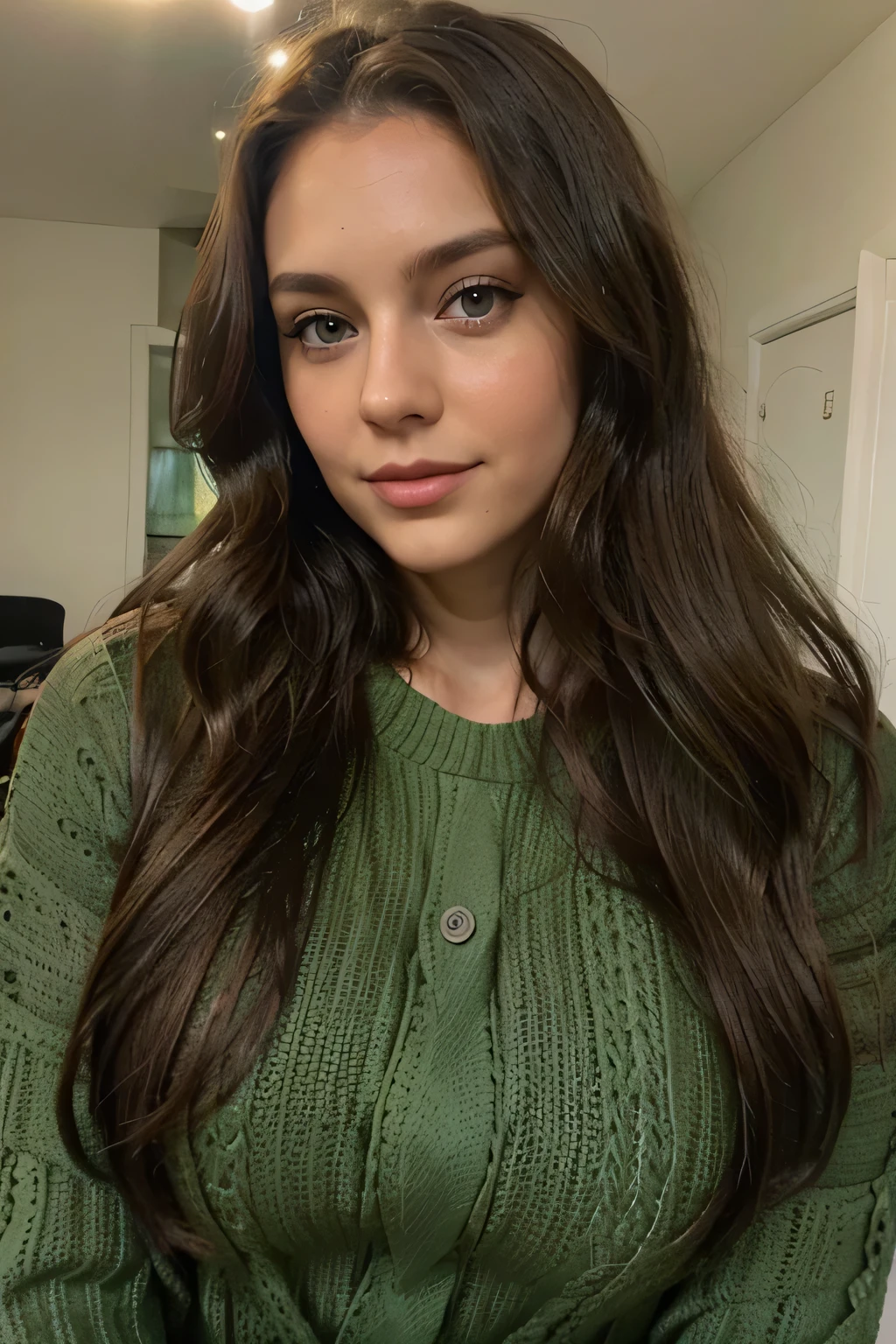 woman 28 years old brunette long wavy hair green eyes