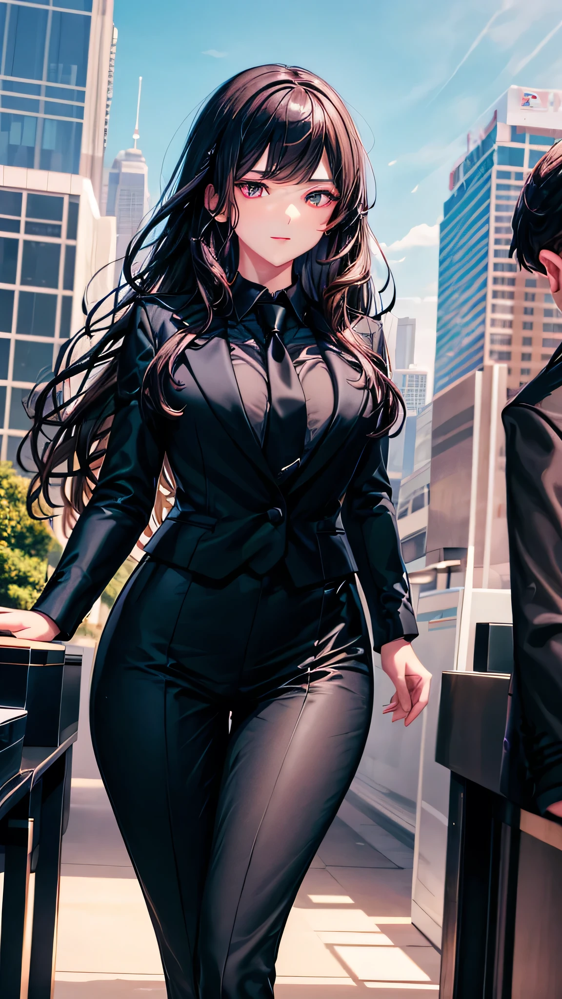 a beautiful ambitious girl, 20 years old, long wavy dark hair, confident office boss, sleek black suit, white shirt, black tie, expensive suit and shirt, priceless girl, charismatic girl, sharp gaze, cool and calm, elegant ruler of office, office skyline, highly realistic, masterpiece, 8k, UHD, HDR