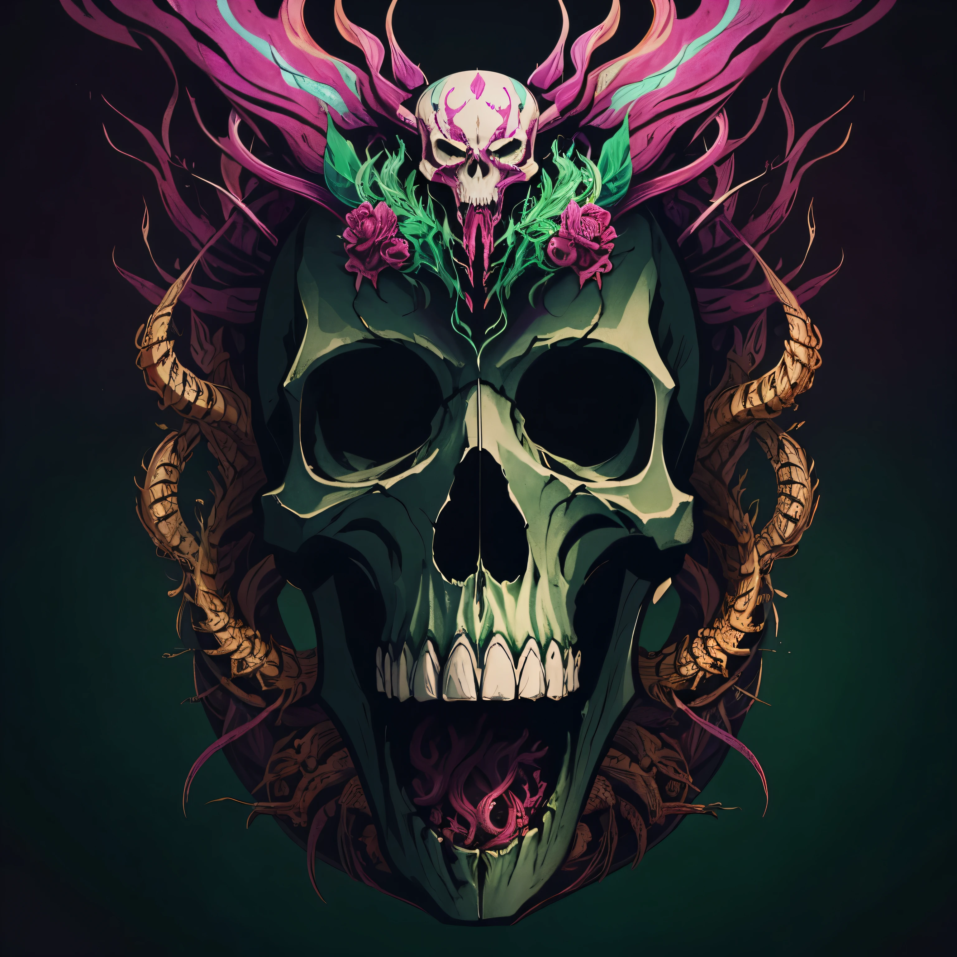 logo design centered vector illustration, watercolor, Chrome oil painting of a skull with many worms coming out of its eyes and mouth, fundo preto faiscas, cores verde neon, pink e roxo alta qualidade, melhor qualidade, texturizado perfeitamente, luminosidade dramatica, octane render 8K