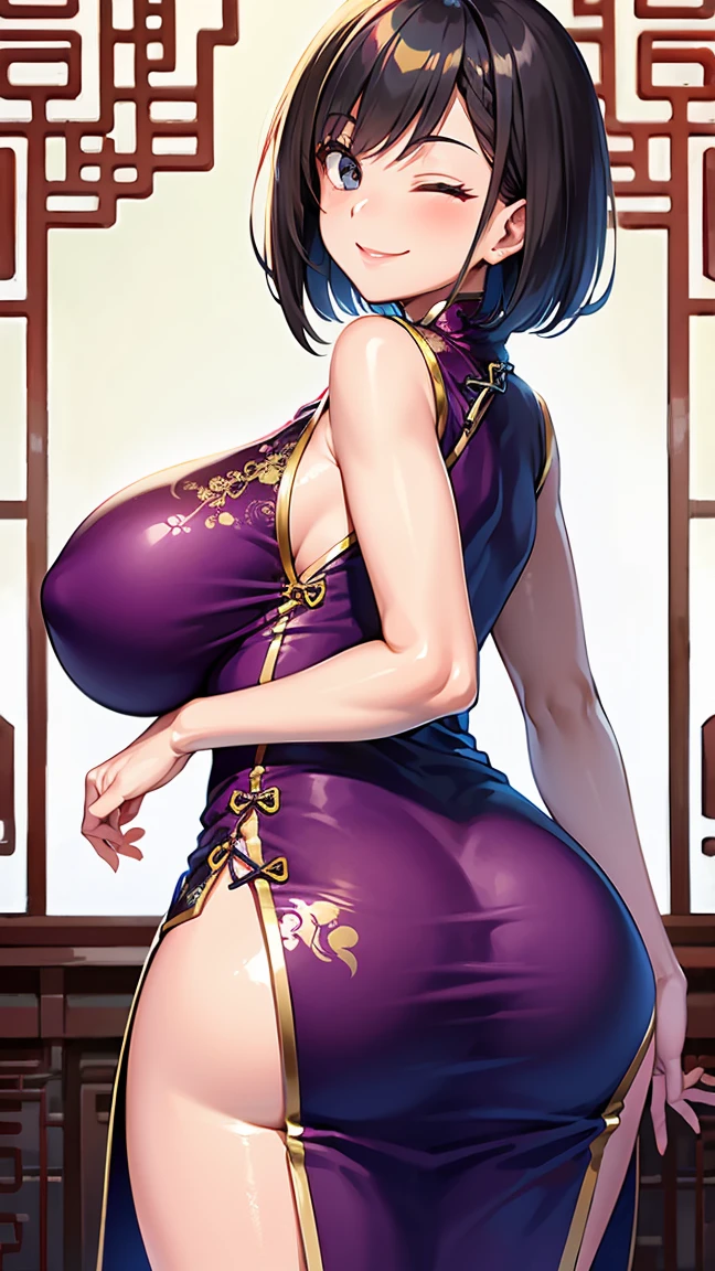 (high resolution), 1girl, woman, mature female, housewife, milf, 40 years old, (curvy woman:1.4), (smile:1.6), (evil grin, light smile:0.5), one eye closed, right eye closed, (shiny skin, glistening skin, high gloss skin:1), (chinese clothes:1.5), breast focus, (gigantic breasts:1.2), solo, black hair, middle hair, bob cut, black eyes, looking at viewer, chinese restaurant, (looking back at viewer:1.4)