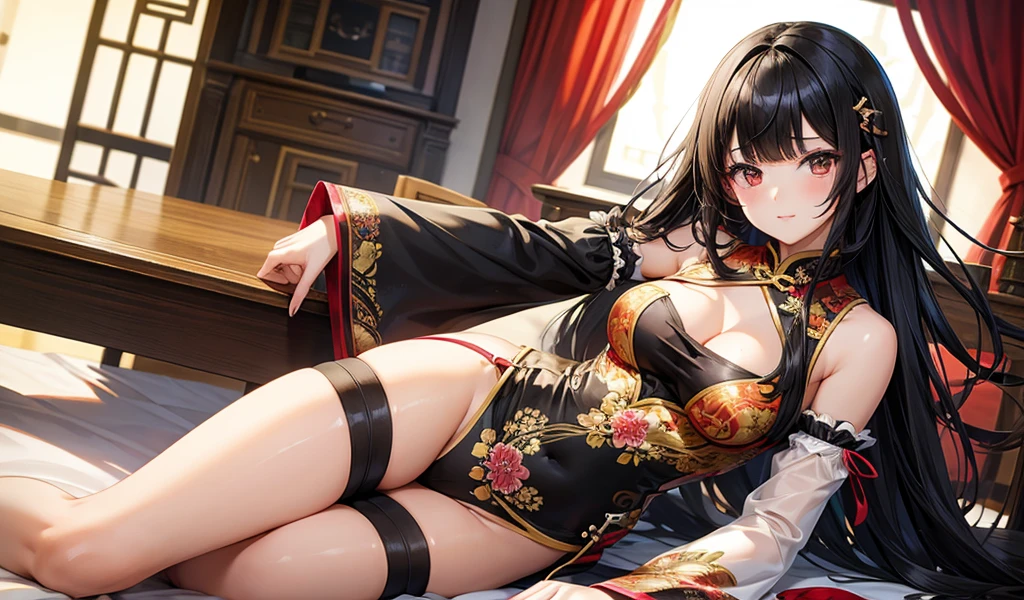 Beautiful girl with black hair and smooth bangs,hairpin,flat chest,cleavage,Thong,cheongsam,Large sleeves,