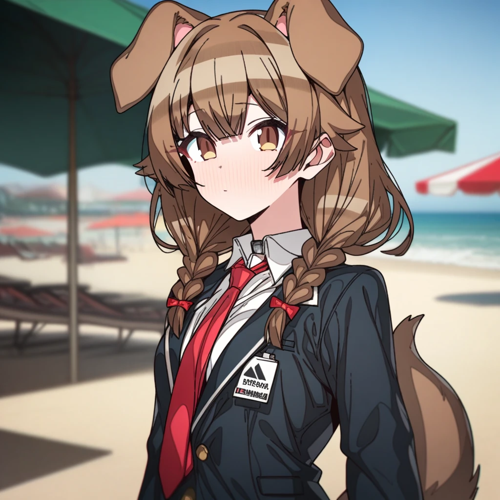 hoshino_(blue_archive) with brown hair and brown eyes, Artist, erere, Copyrights, idolmaster, idolmaster_shiny_colors, Character, General, 1girl, brown_hair, blunt_bangs, blush, medium_breasts, breasts, detailed eyelashes, beatiful girl:1, brown_eyes, censored, school_uniform, pleated skirt, blazer, red tie, dog_tail, animal_collar, twin_braids, dog_ears, bone_hair_ornament, :|, (full_body, standing in middle, beach_umbrella), sky:0.7, detailed, sand, outdoors, from_side, looking_at_viewer, masterpiece, best_quality, great_quality, girl, solo, center_composition, centered character, cute
