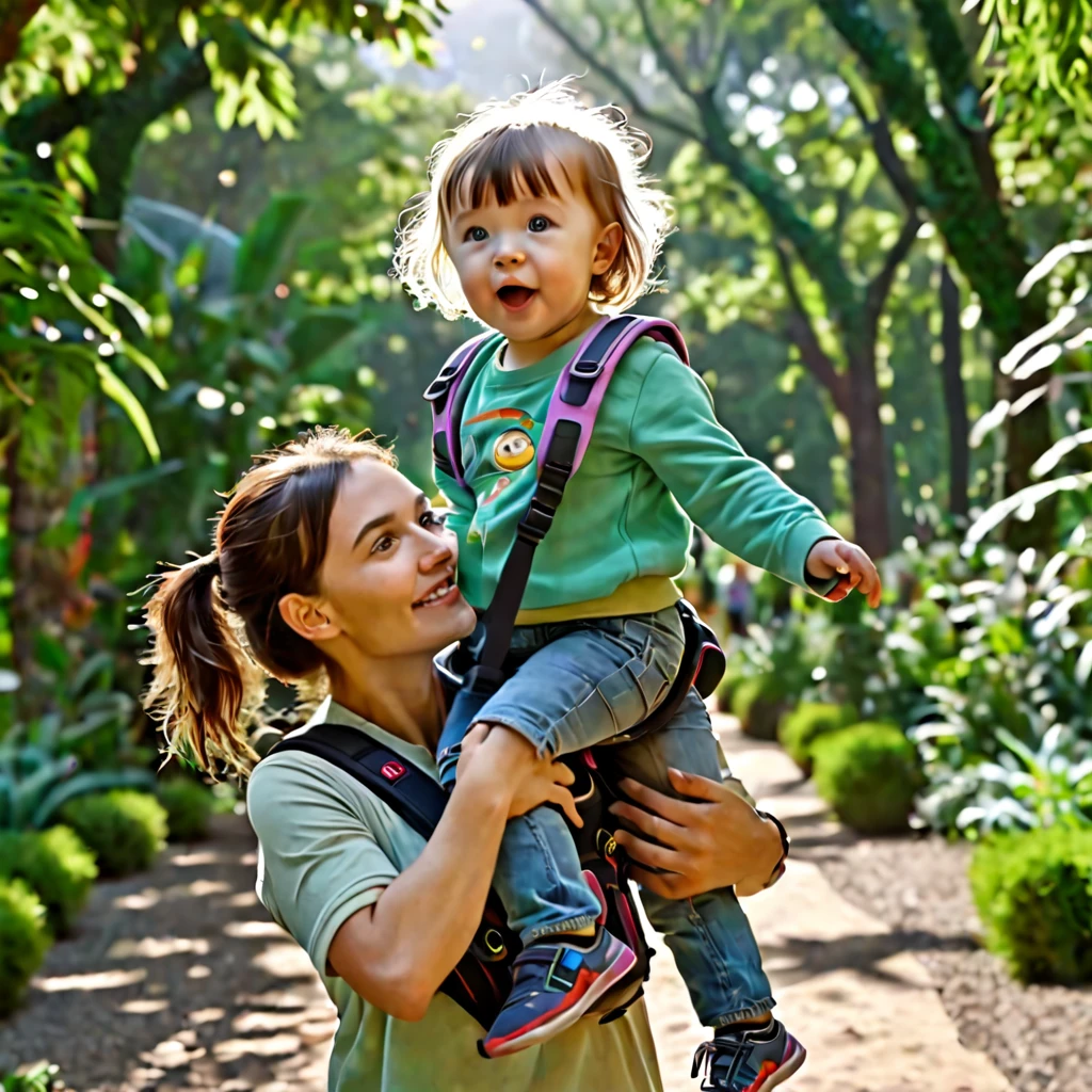 a cybernetic babysitter in carrying a kid on shoulder botanical park , hand in hand, excite expression, UHD, ultra detailed, epicrealism, 8k, photo realistic, 